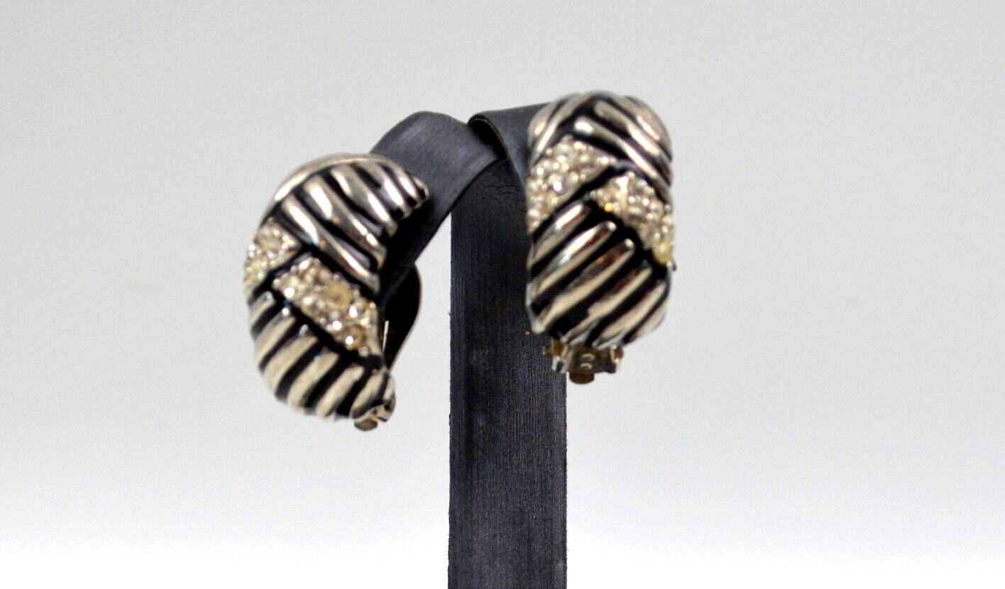 Vintage Silver Tone & Black Clip On Earrings with Clear Rhinestones 1.25″