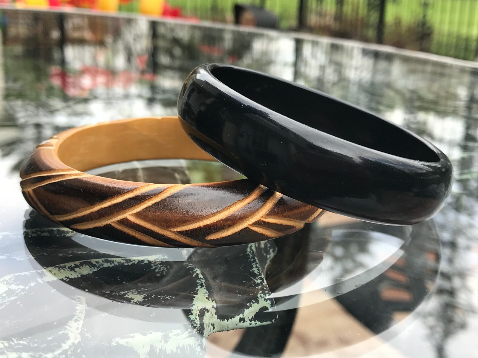 Vintage Bangles Mixed Pair, Lucite and Wood