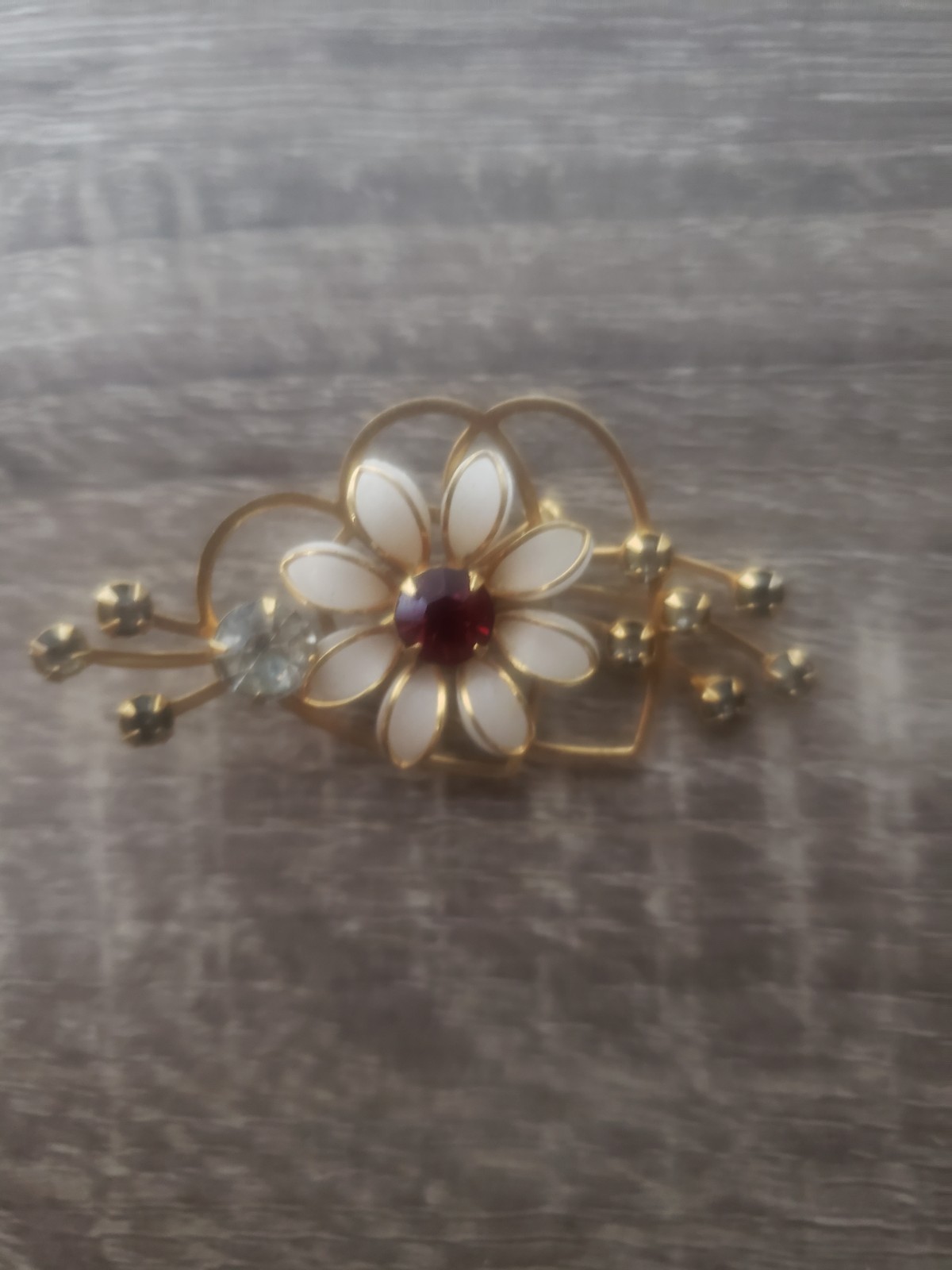 Vintage 70’s Enameled Flower With A Red Stone,Double Heart Brooch And Bracelet
