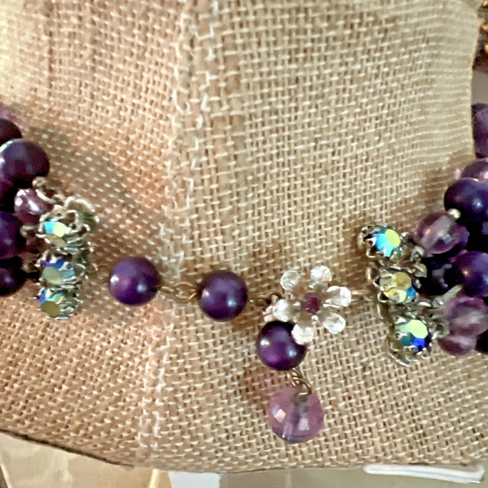 Vintage SIGNED DEMARIO AMETHYST & SILVER BEAD NECKLACE & EARRING SET / 6 STRAND