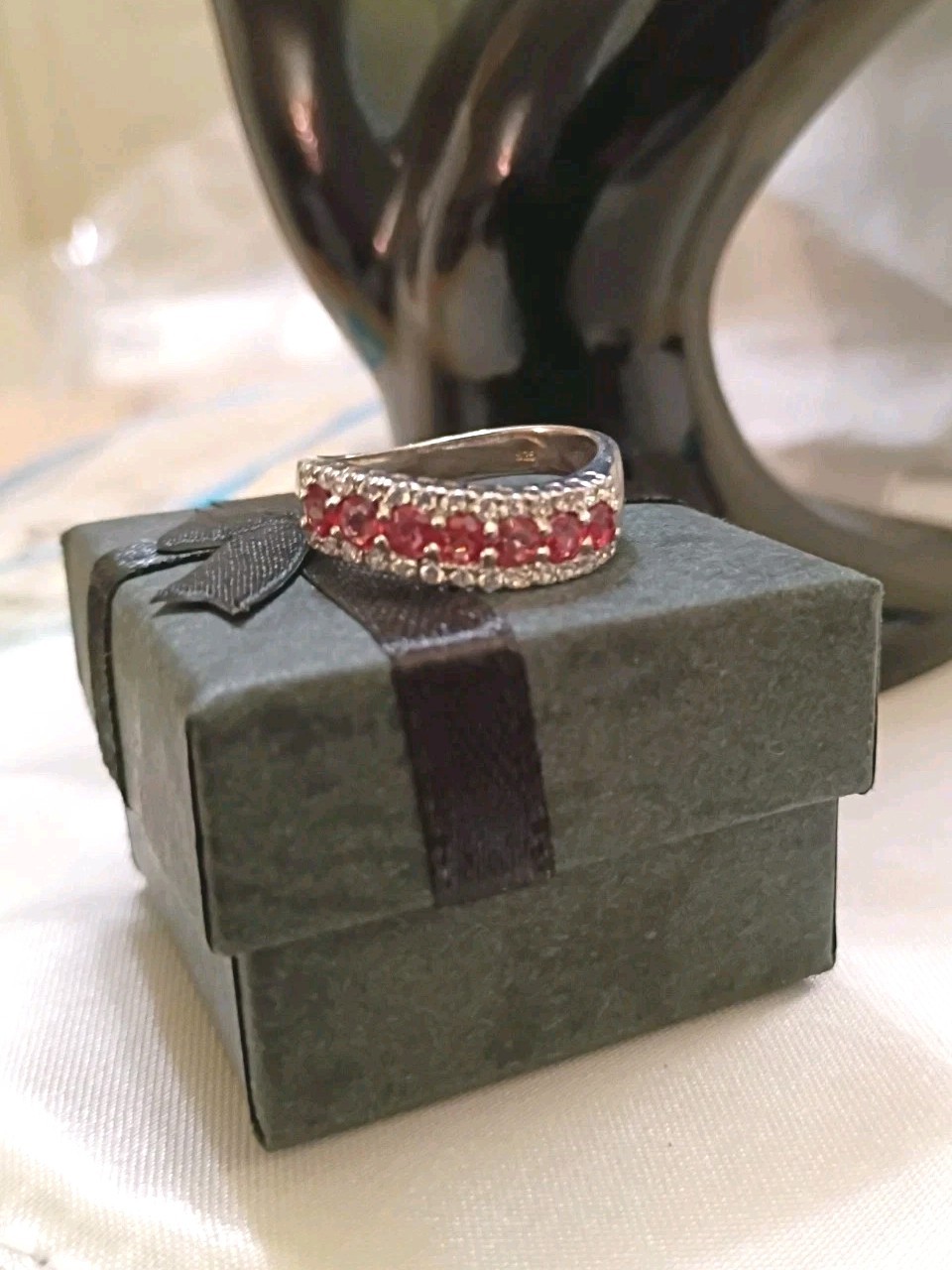 Vintage Silver 925 Pink Orange Sapphire Wave Band Ring 6.5