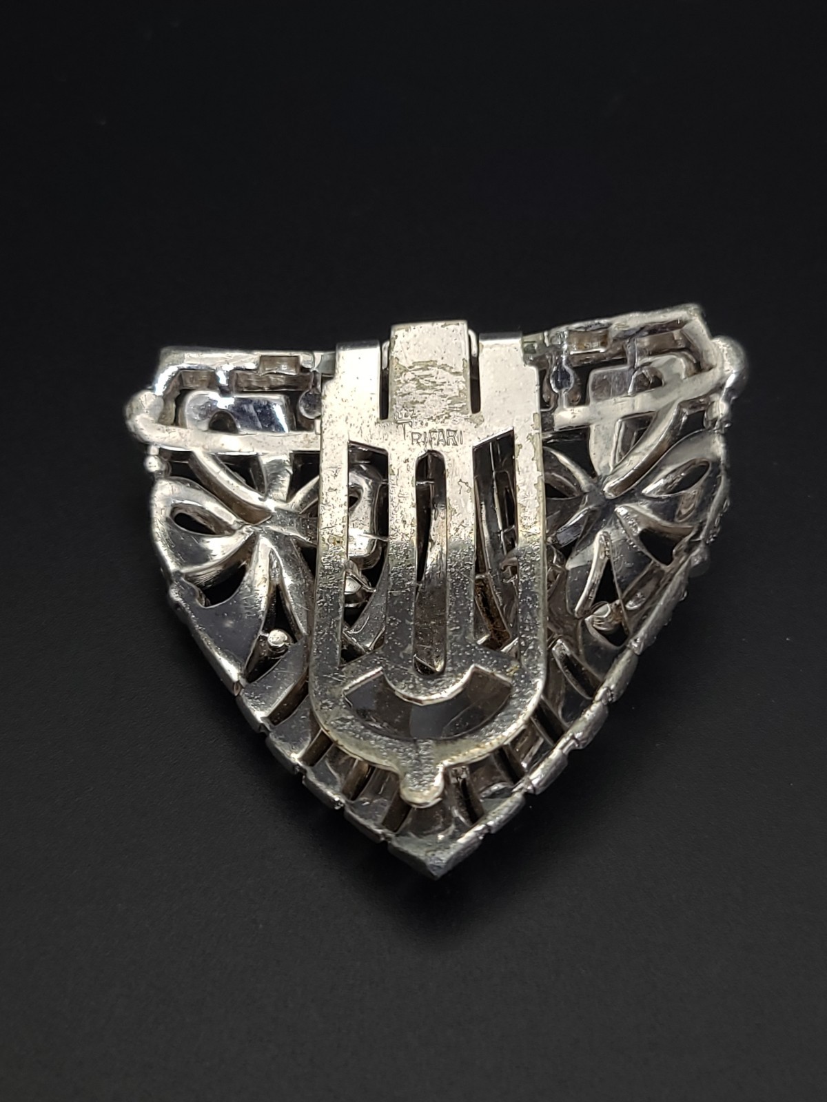 Vintage Signed Crown Trifari Art Deco Rhinestone Dress Clip Brooch