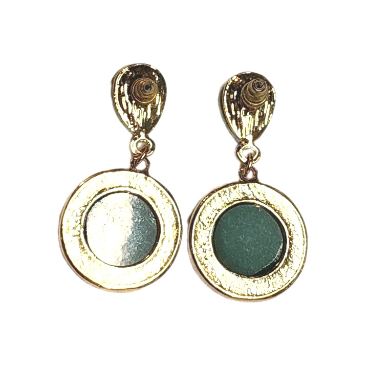 Vintage Green Faux Stone Rhinestone Gold Tone Dangle Earrings Teardrop Round GUC