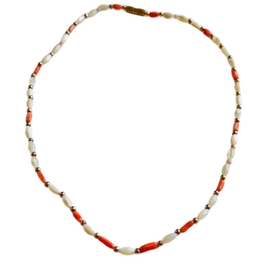 VTG Estate Mother of pearl pink Coral Necklace Beaded natural genuine Beads 16″