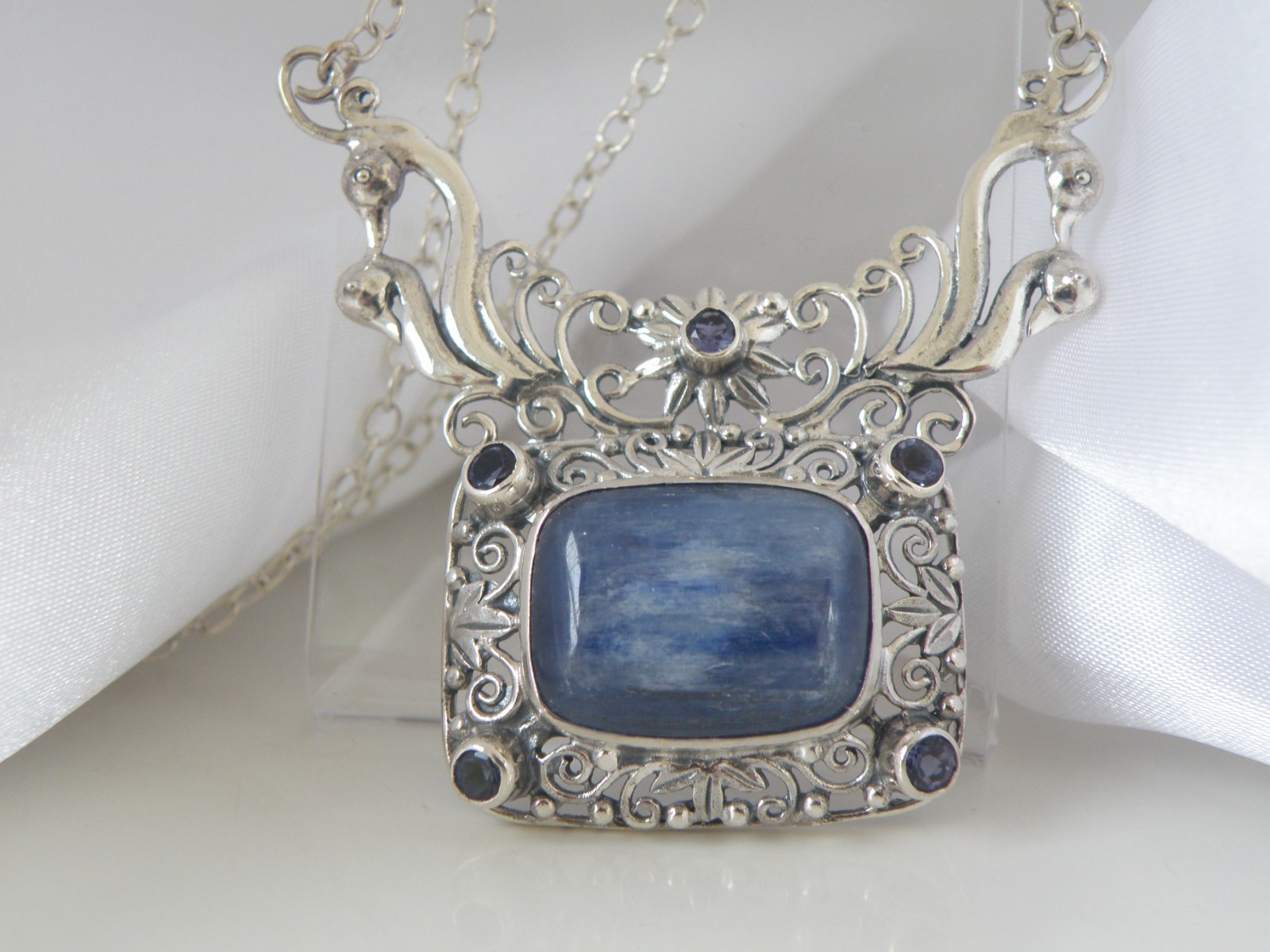 Sterling Silver 925 Natural Kyanite Iolite Art Nouveau Style Necklace 18″