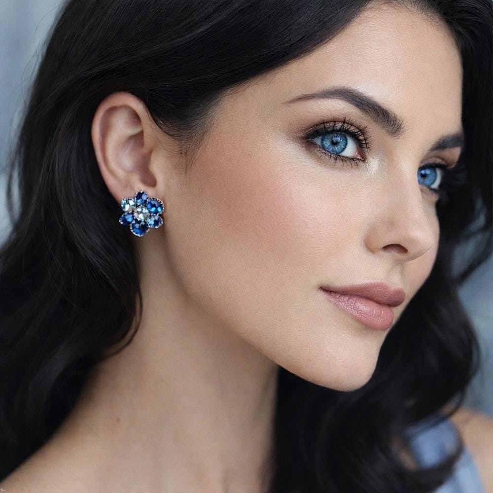 Vintage Sherman Blue Swarovski Crystal & Rhodium Clip Earrings