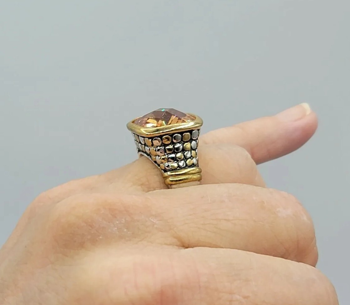 Vtg Sz 8 Ring Lg Citrine Topaz Cubic Zirconia Roman Brutalist Theme Jewelry Dot