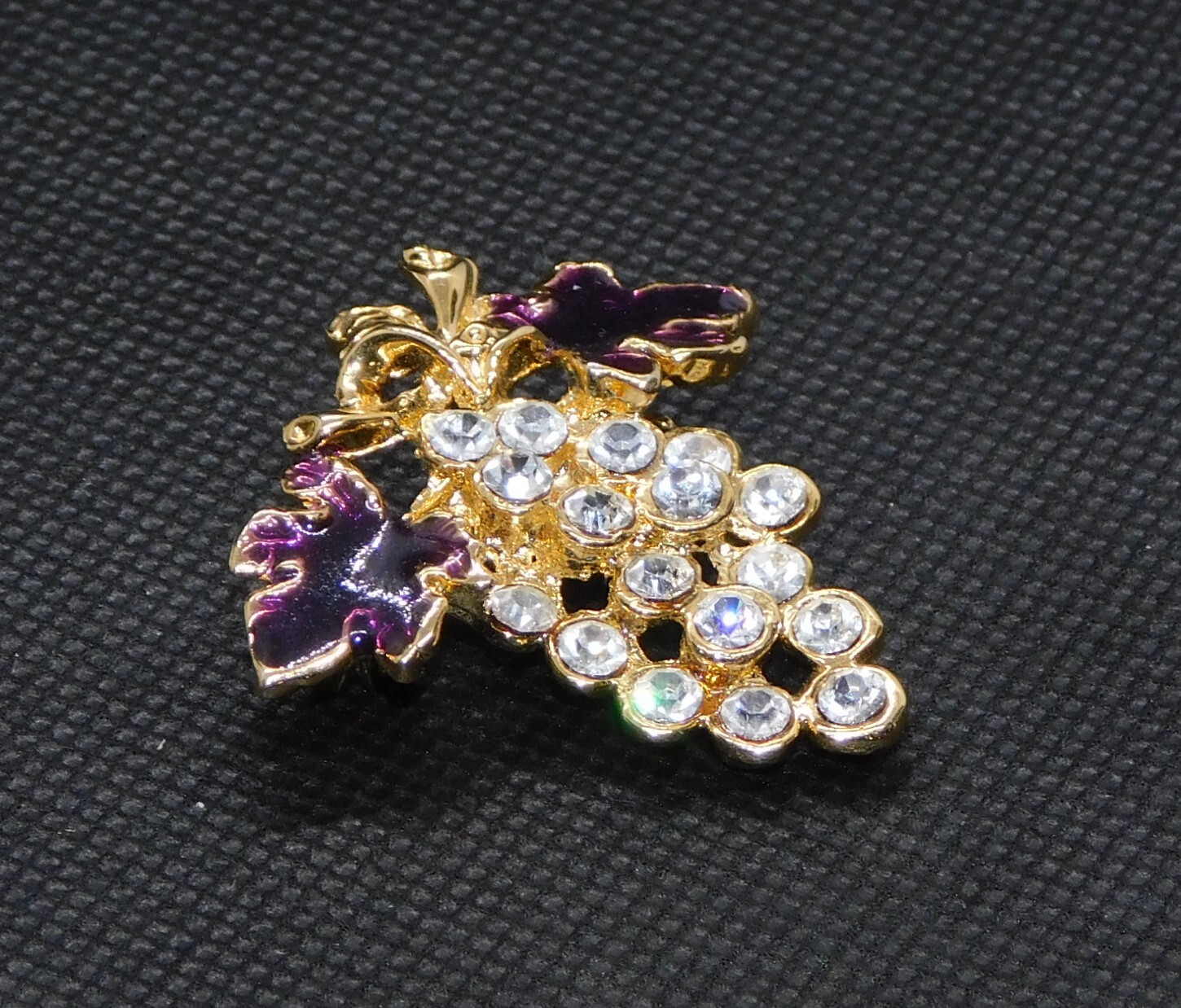 Grapes Vintage Pin Brooch Gold Tone White Rhinestone Purple Enamel Jewelry