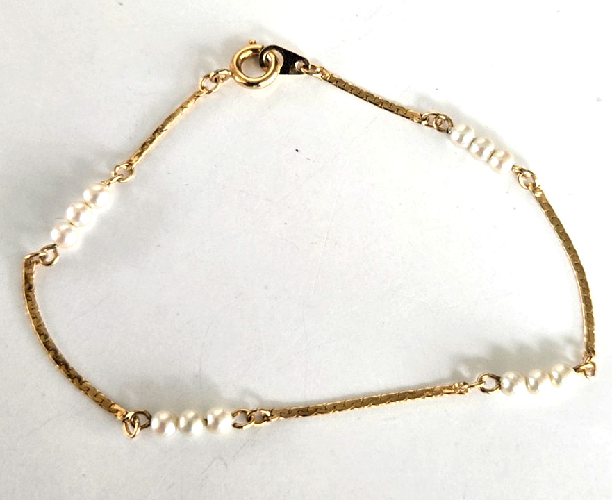 Vintage Gold Tone C Link Chain w/ Faux Pearl Bead Bracelet 7-1/8″ Spring Ring
