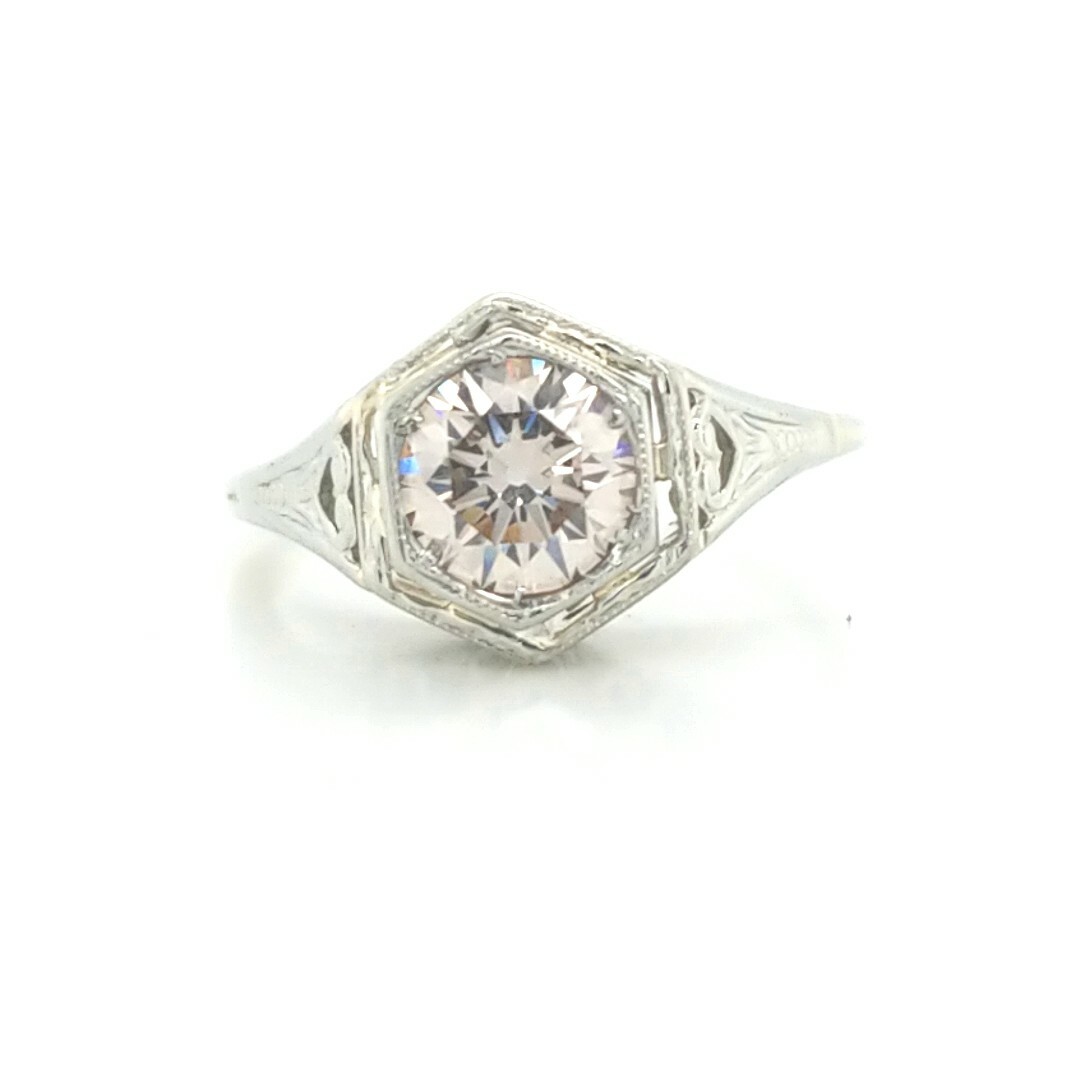 18k White Gold Vintage Engagement Ring 1.10ct.Euro Cut Round Champagne Diamond