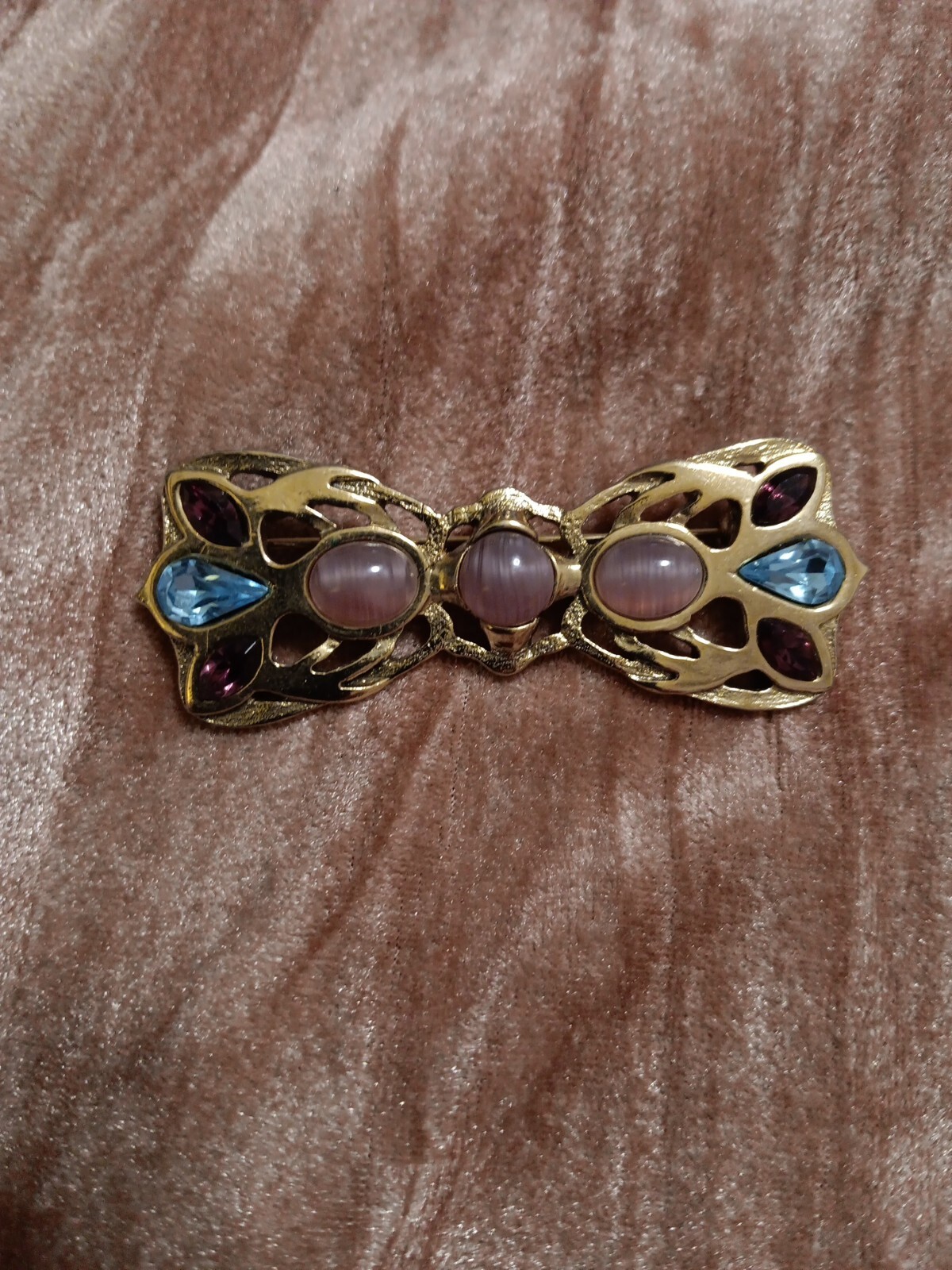 Vintage Gold Tone With Blue Pink And Purple Stones Brooch
