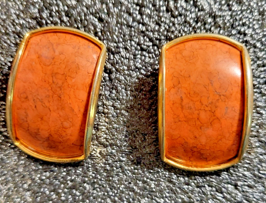 Vintage Gold Tone Orange Bold Rectangular Design Post Earrings