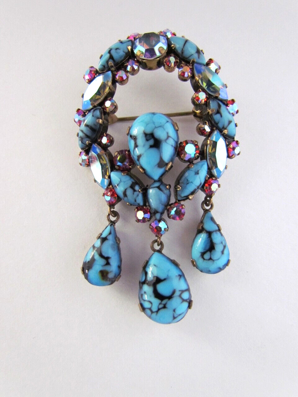 Vintage Austrian Art Glass Dangle Brooch Cabachon Rhinstones Blue Pink Rare