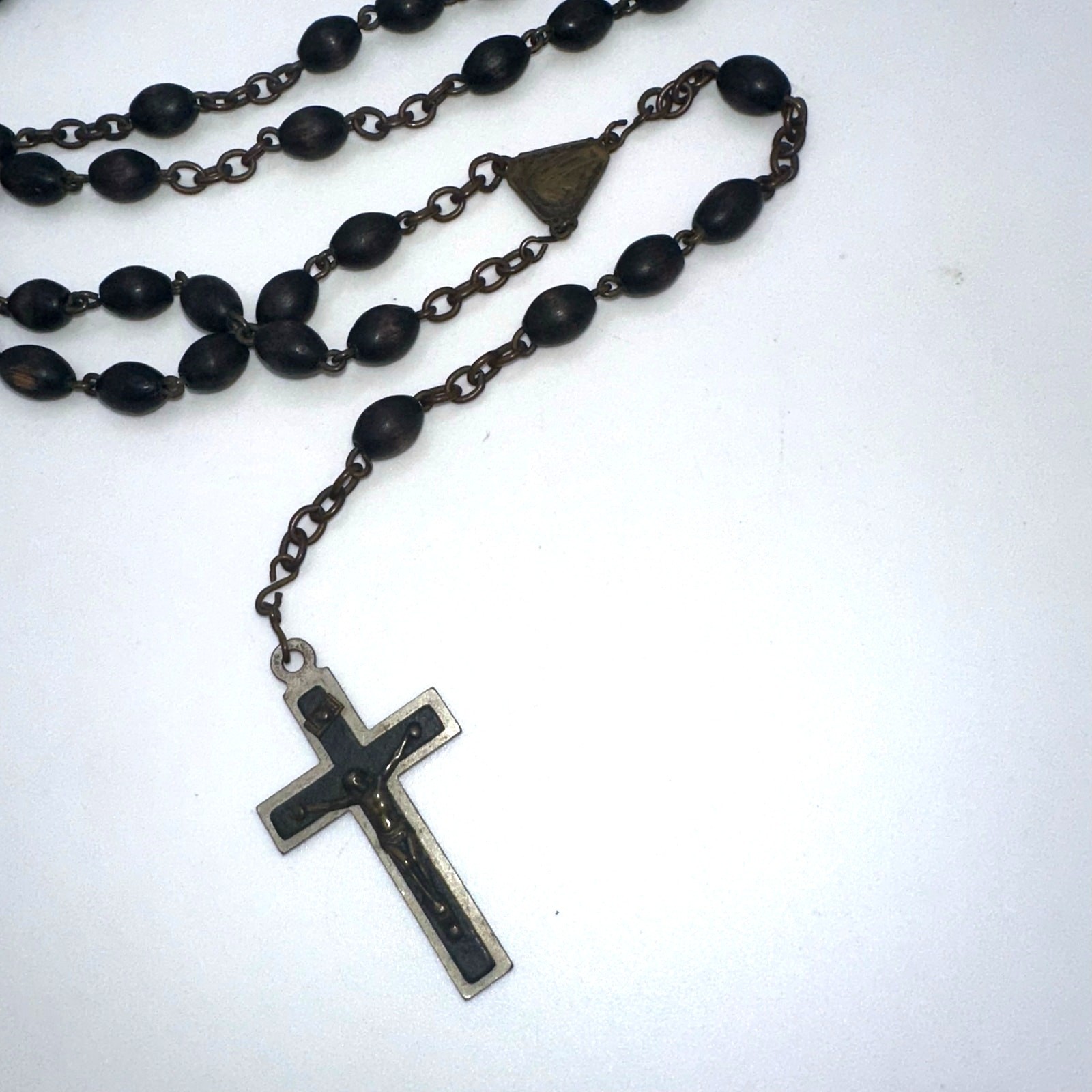 Antique Catholic brass black ebony beads beaded rosary prayer necklace