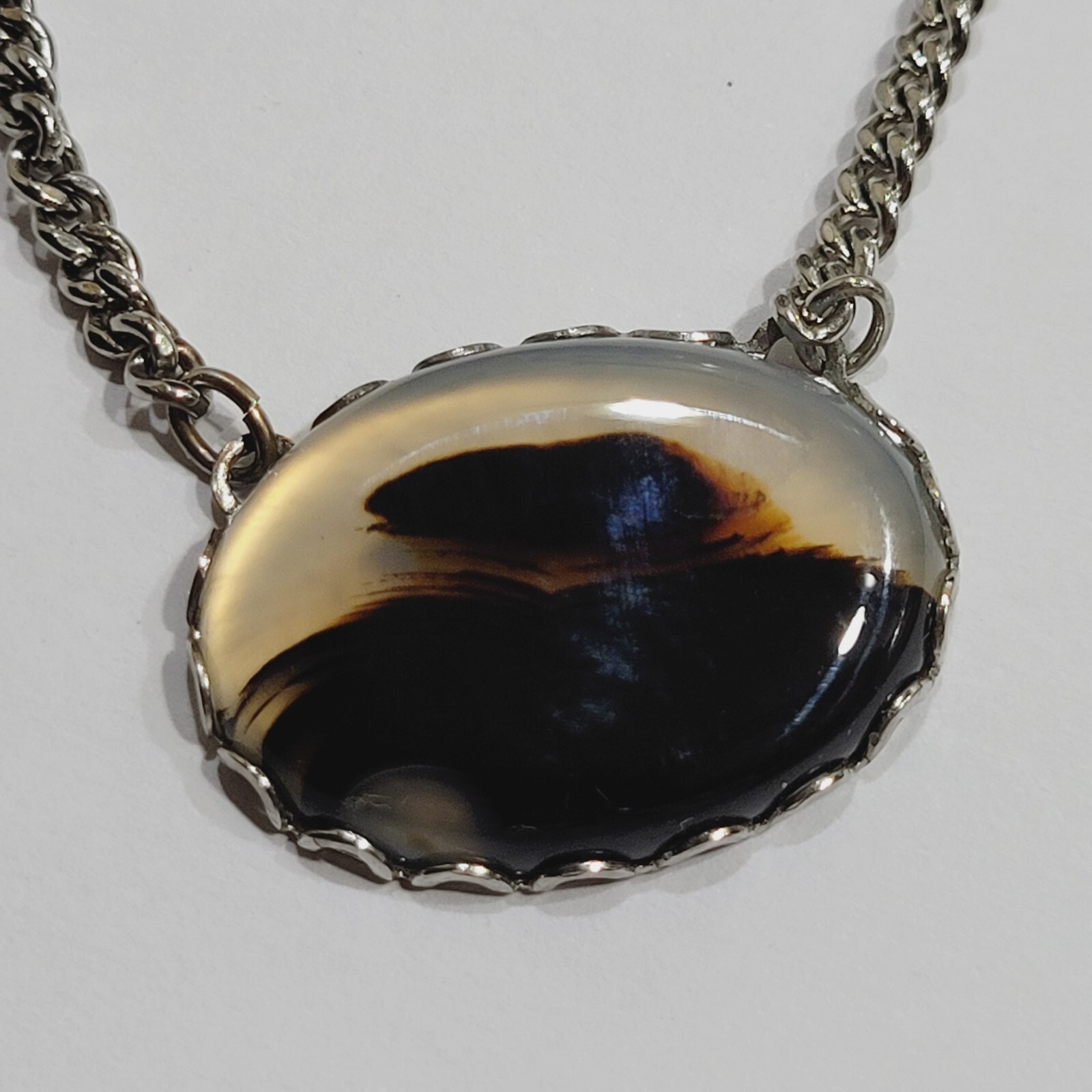 Agate Oval Cabochon Brown Shades Silver Tone Fancy Tie Bar Clip Clasp with Chain