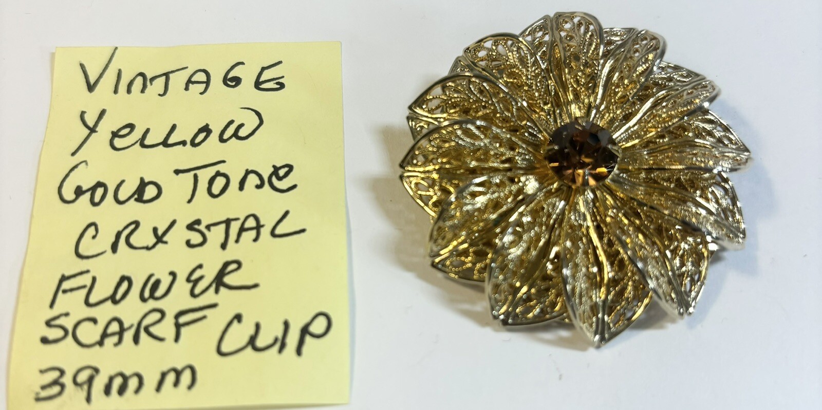 Vntage Gold Tone Crystal Center Flower Scarf Clip 39mm