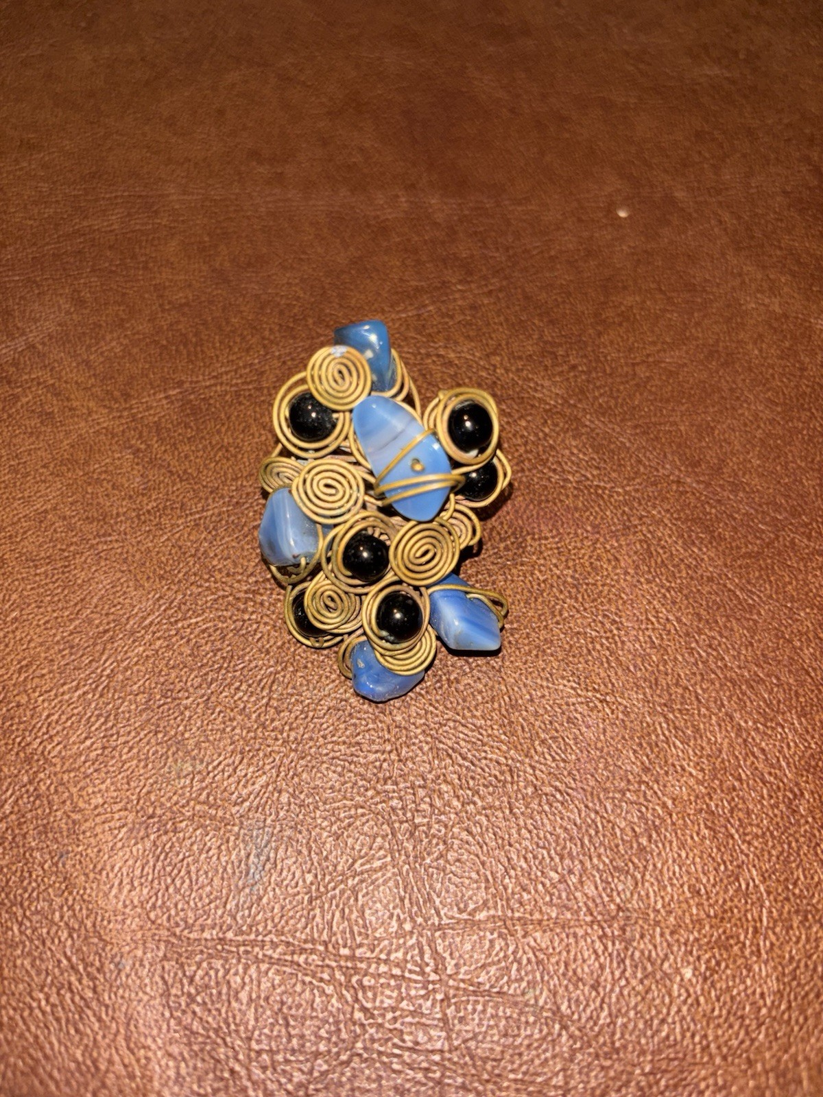 Vintage Paritcolari Italy Gold Wire Swirl Blue Glass Cabochon Statement Ring