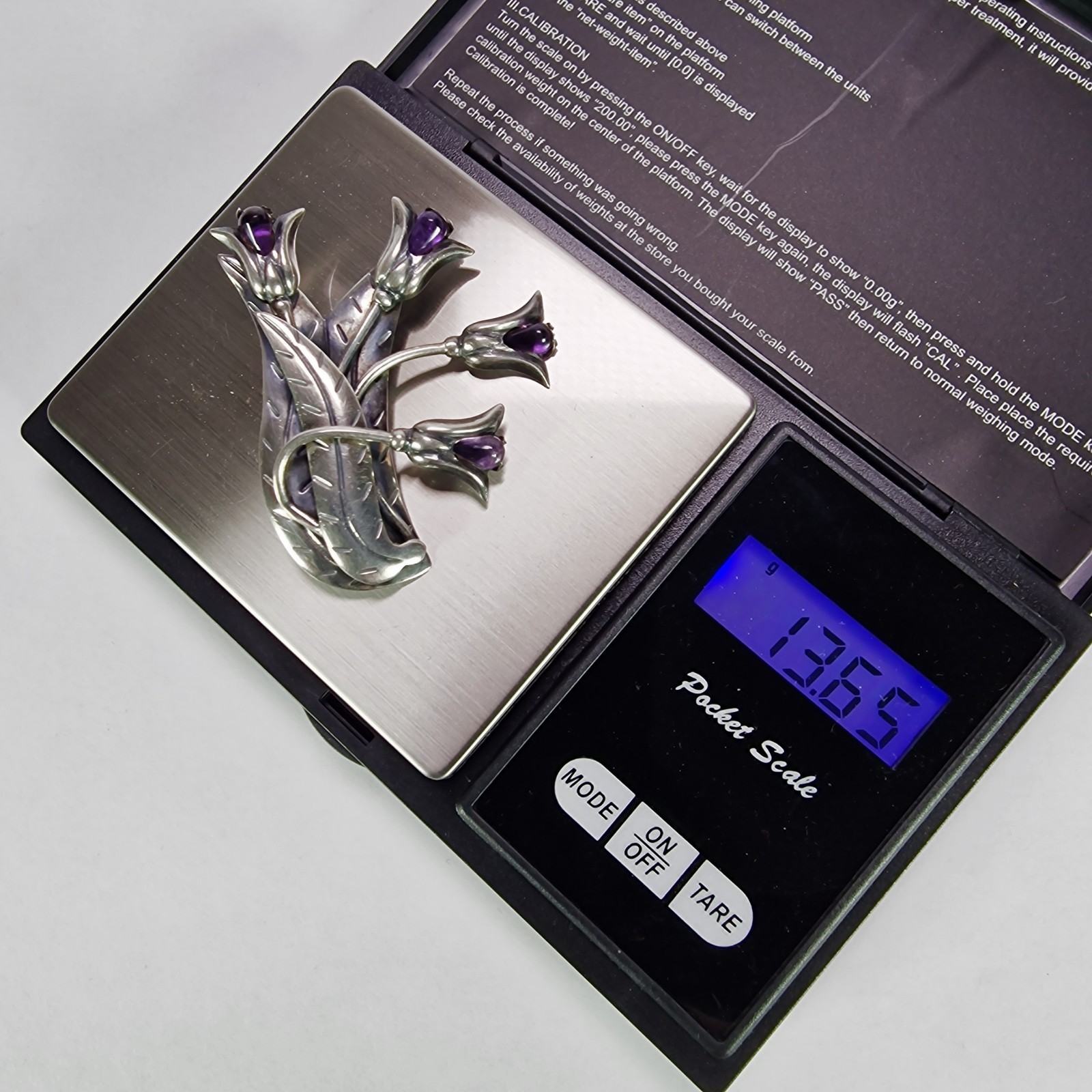 La Cucaracha Amethyst Tulip Flower Pin Brooch 980 Silver Taxco Mexico 1930 to 50