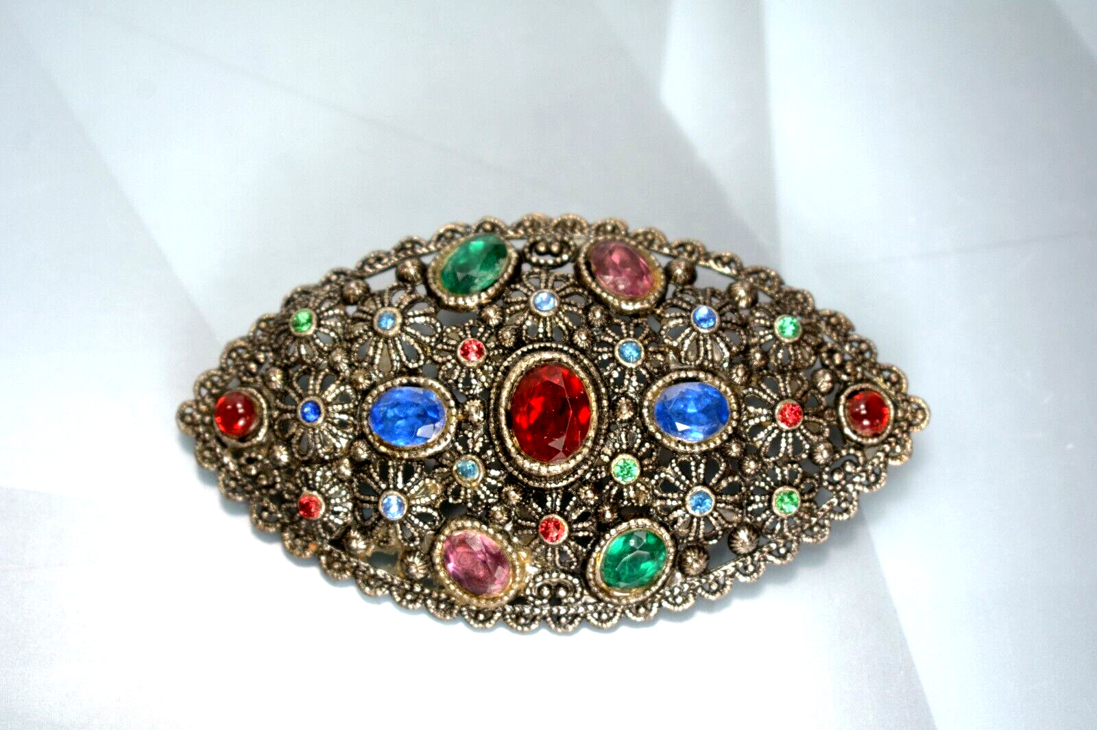 New England Glass Works Brooch Pin Czech Glass Rhinestones, Floral Art Nouveau 1
