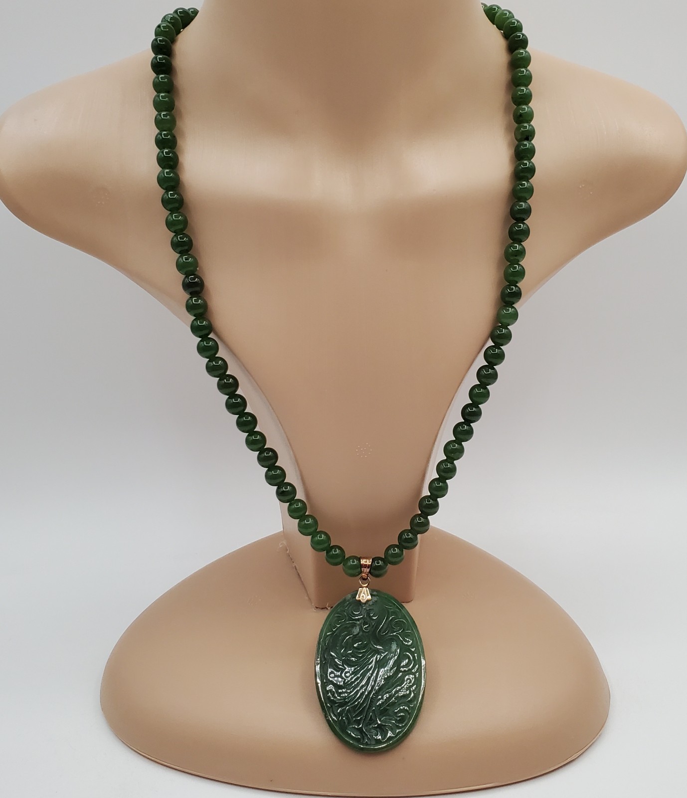 VTG 925 Spinach Jade Crane Dragon Pendant 24in Bead Necklace Carved Reversible