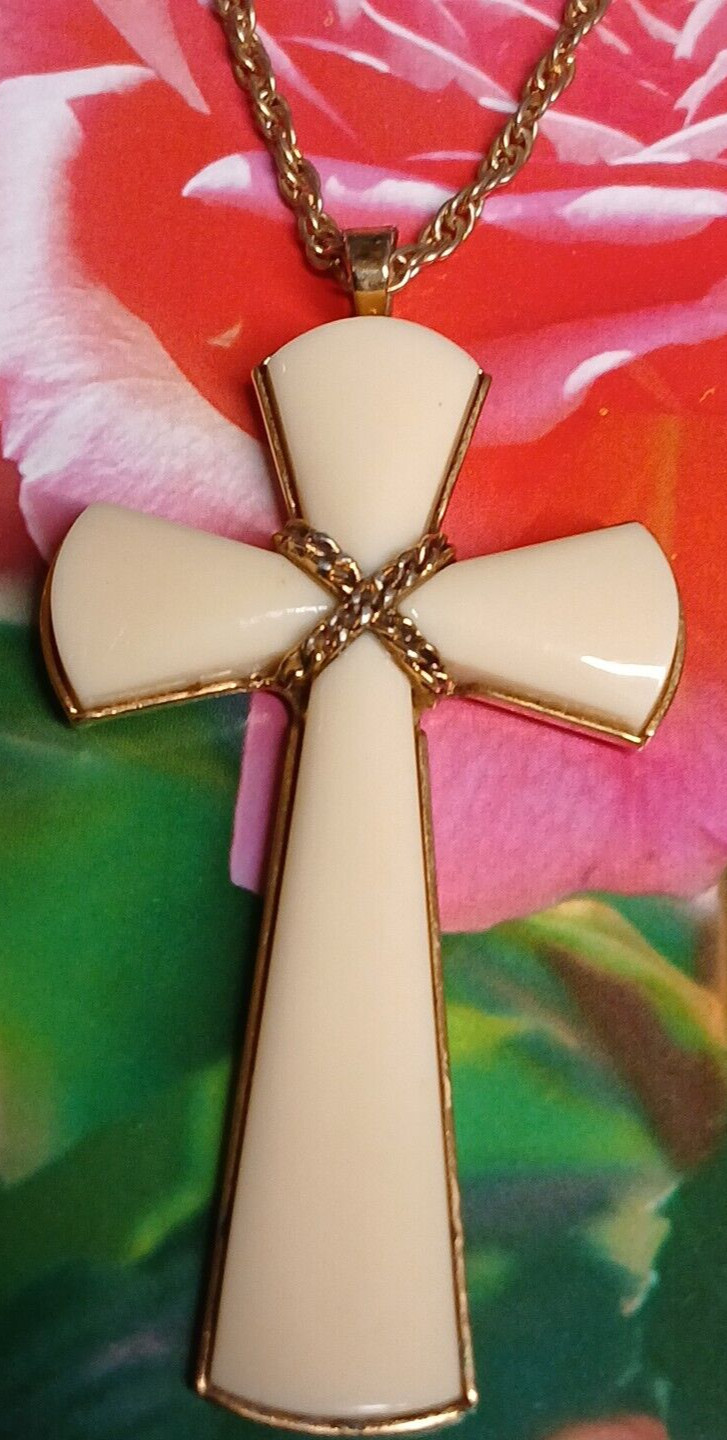 Vintage 1980’s Avon Faux Ivory and Gold Tone Cross Pendant Necklace