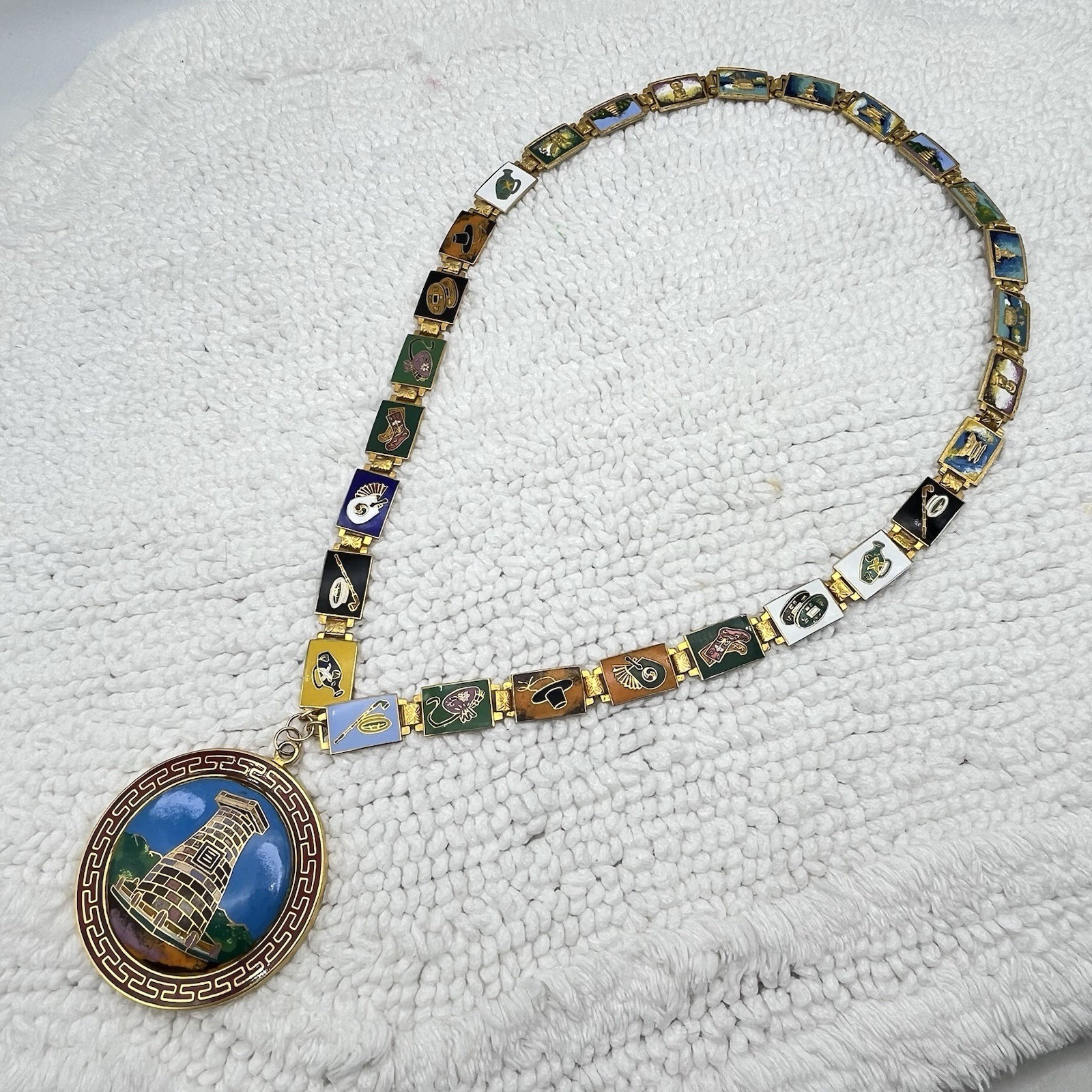 Vintage Bug Co Souvenir Necklace Cloisonné Medallion Various Scenes 30″ READ