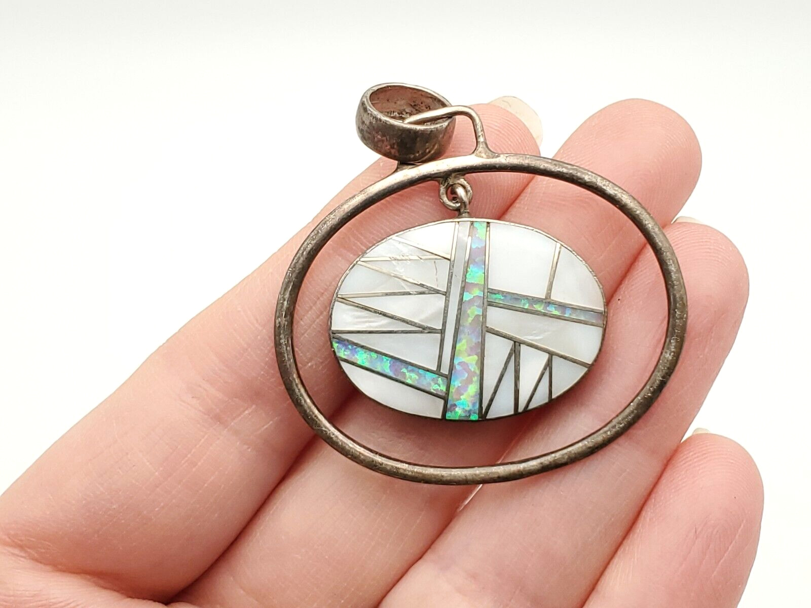 Vintage Navajo Mother of pearl Opal Inlay Native American Pendant for Necklace
