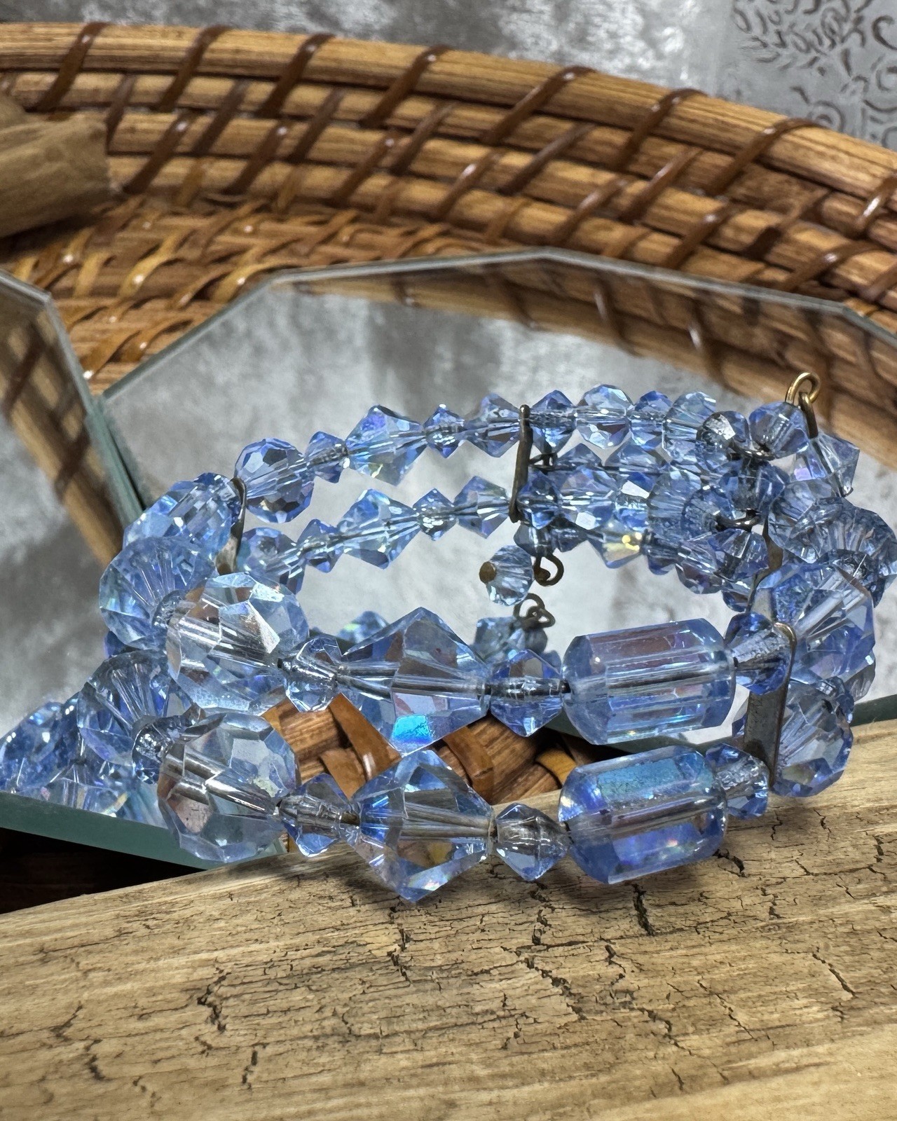 Vintage Blue Faceted Glass Bead Multi-Strand Wrap Bracelet