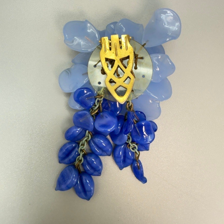 Miriam Haskell Book Piece Vintage Blue Glass Bead Floral Tassel Dress Clip READ