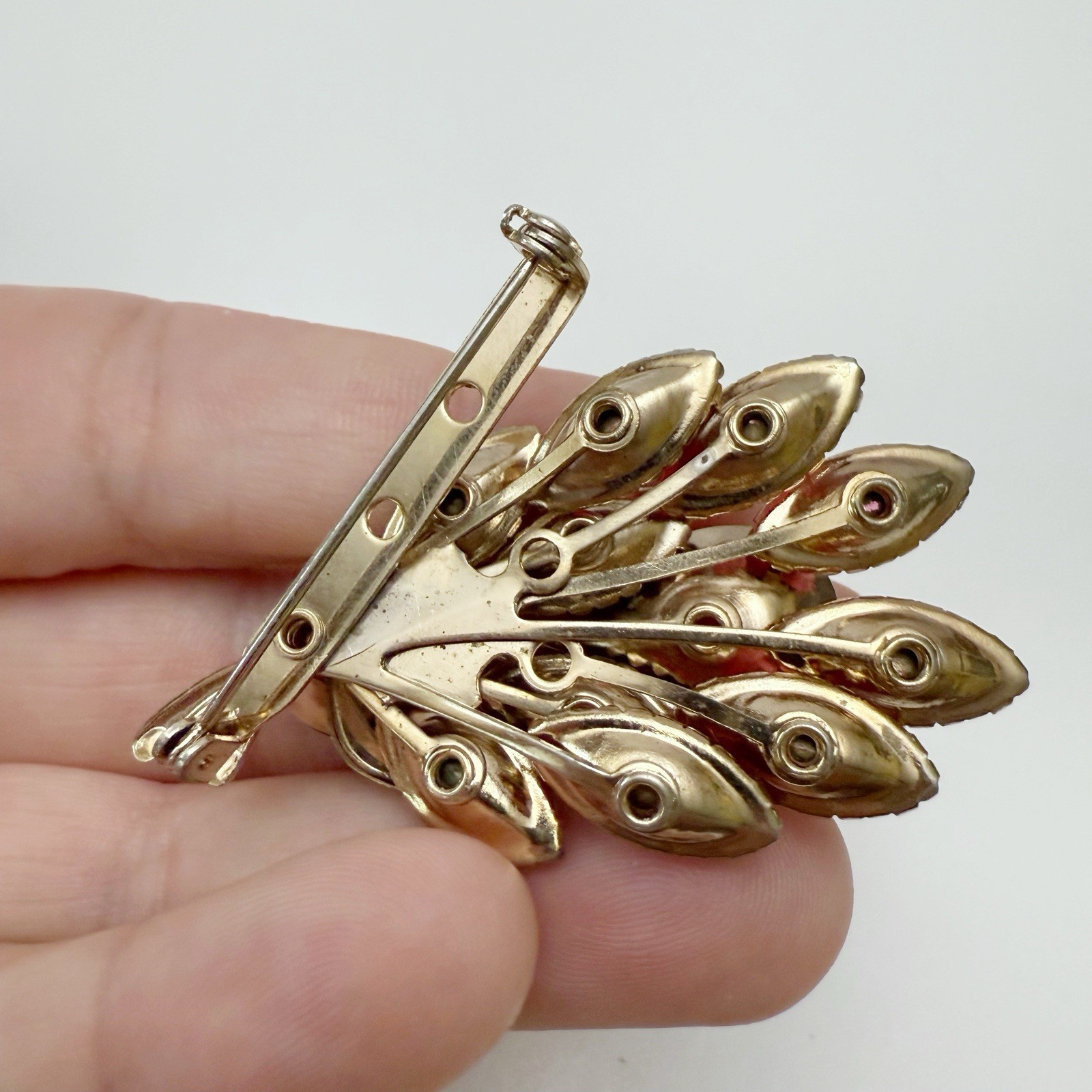 Vintage Red Pink AB Glass Rhinestone Flower Floral Spray Brooch Pin Goldtone