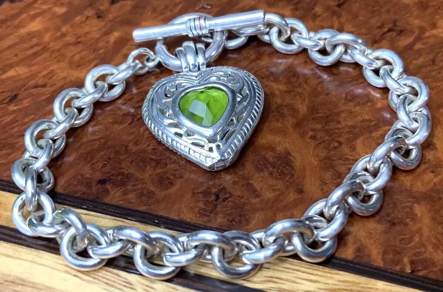 Vintage “Sister” JC Silver Plate Green Peridot Birthstone Ladies Heart Bracelet