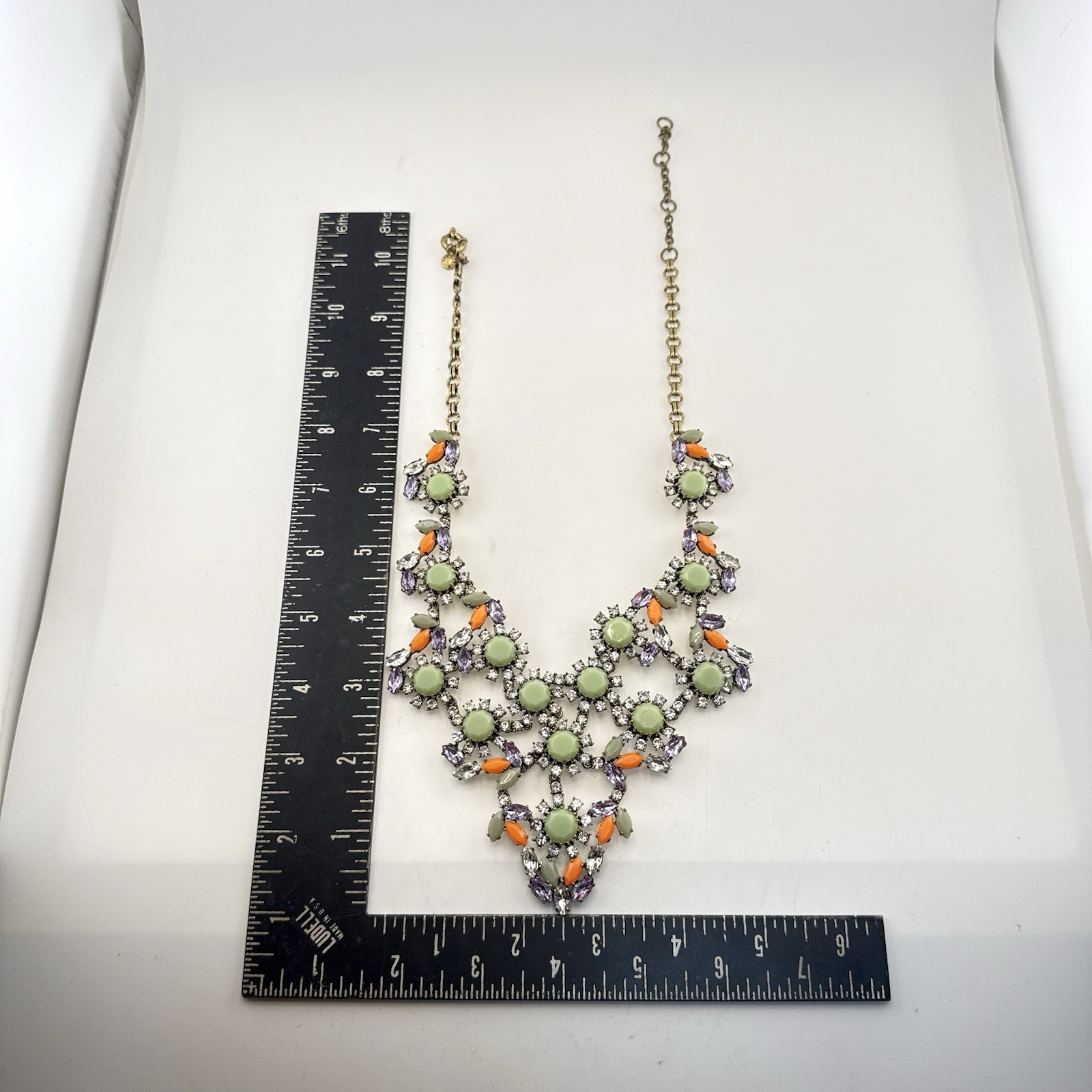 J Crew Necklace Bib Chunky Green Orange Bold Festoon Floral Rhinestone Statement