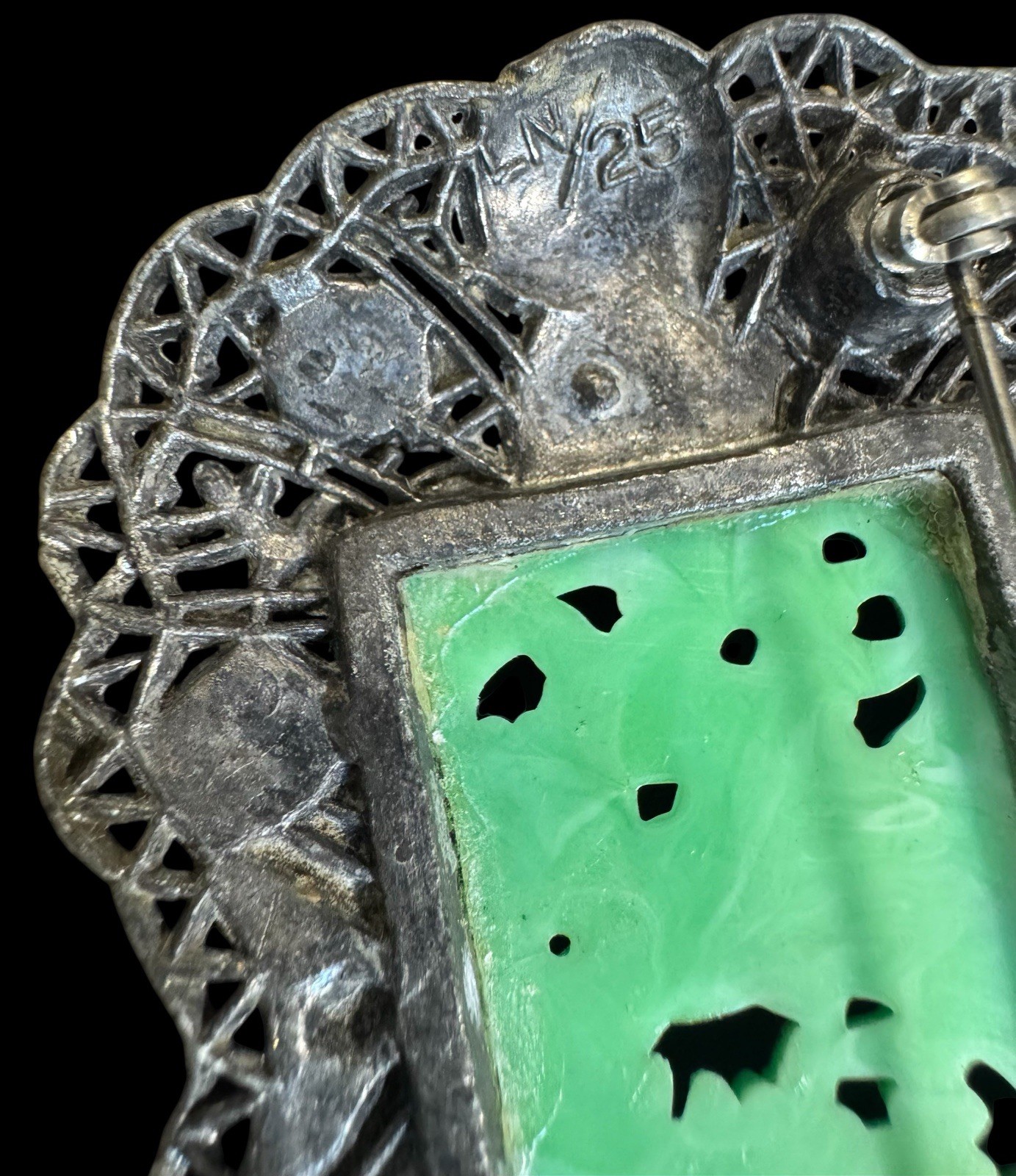 Vintage LN/25 Little Nemo Signed Pot Metal Asian Themed Brooch Faux Peking Glass