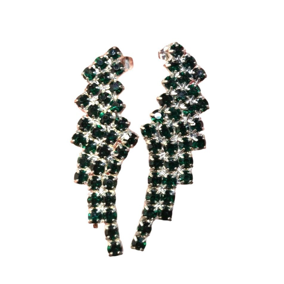 VTG Sterling Emerald Green Rhinestone Earrings Chandelier Waterfall Design 925