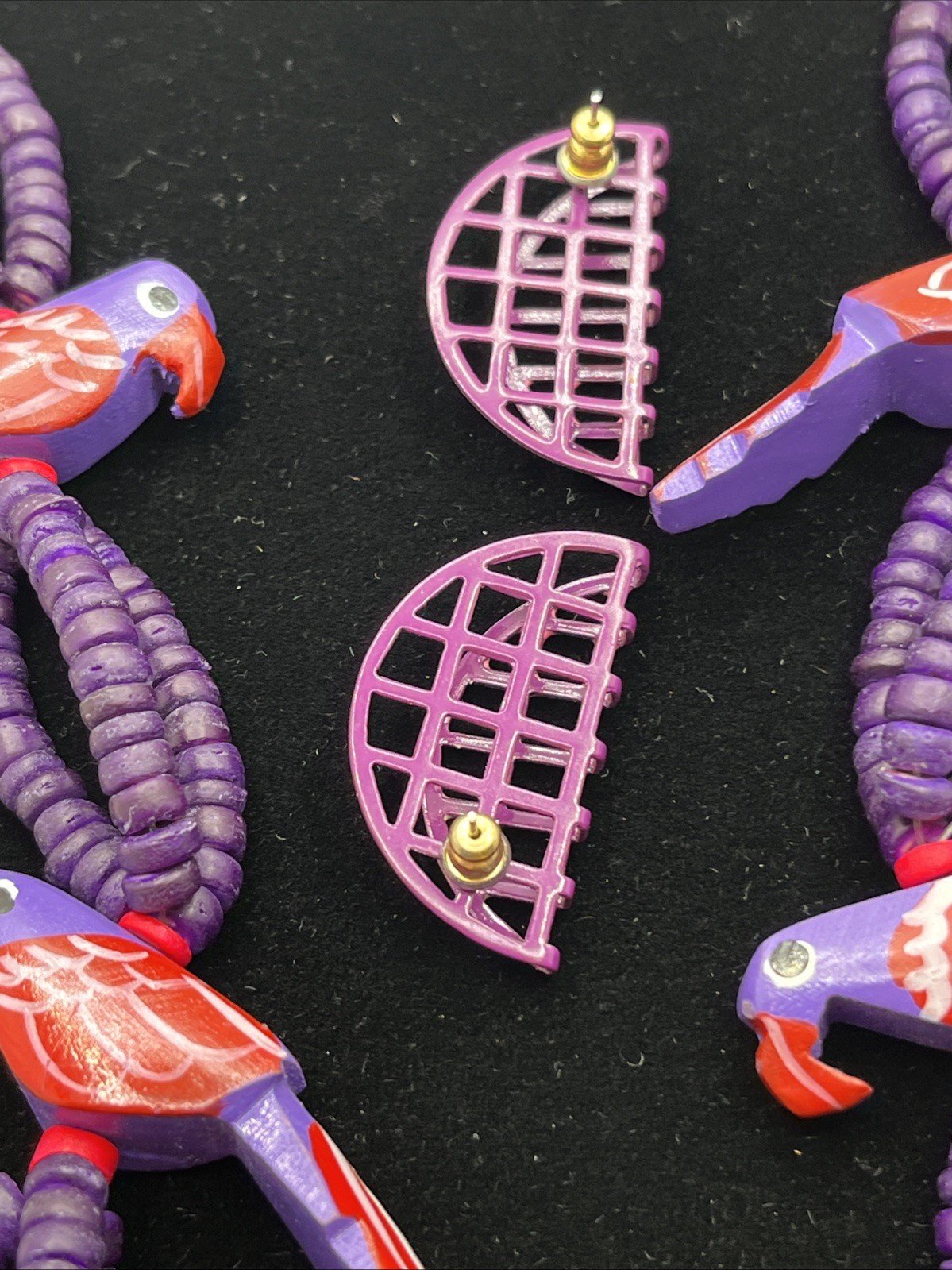 Tropical Tiki Parrot Necklace Wooden Carved Beads Colorful Birds Purple Earrings