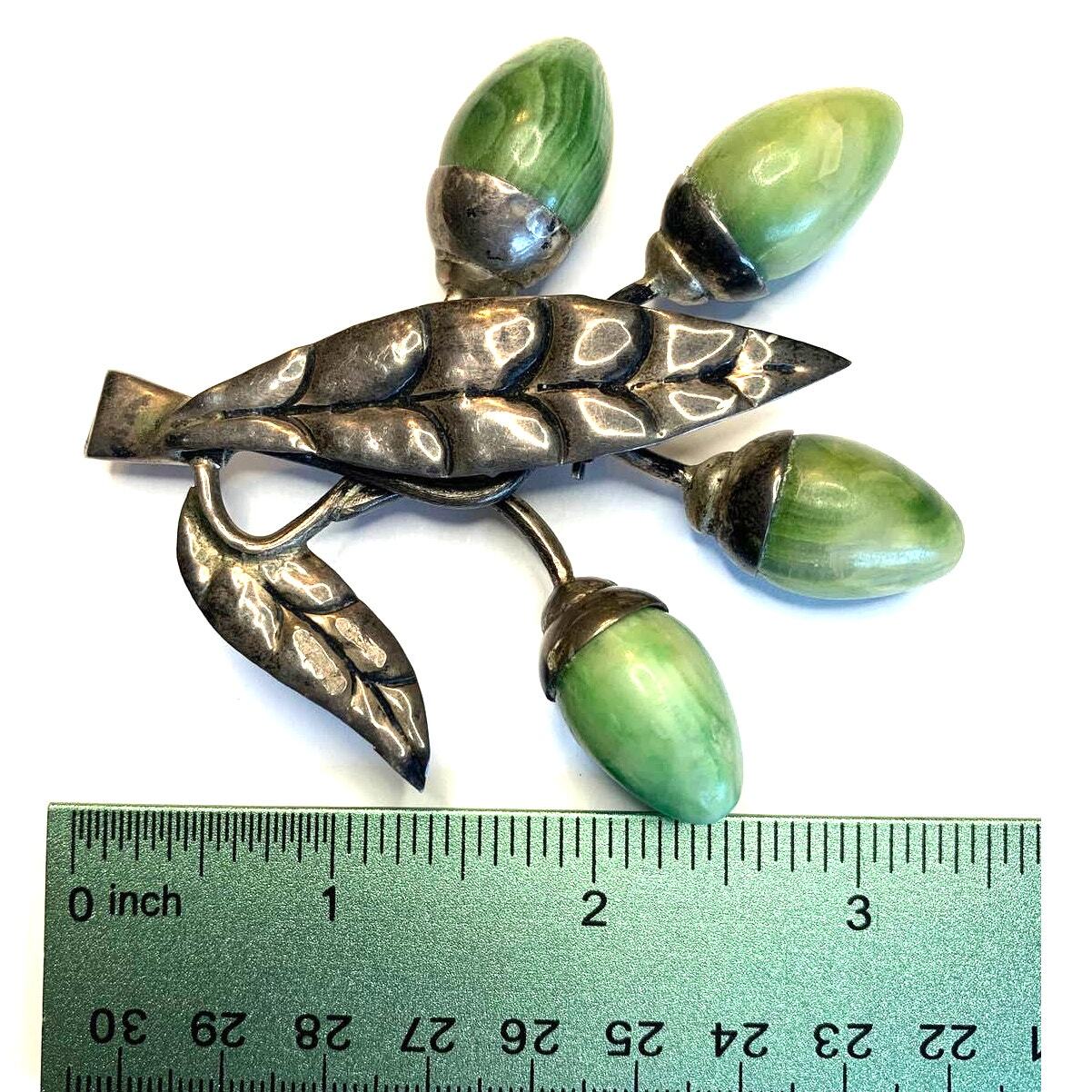Vintage Mexico Silver and Green Agate Flower Bud Brooch Pin