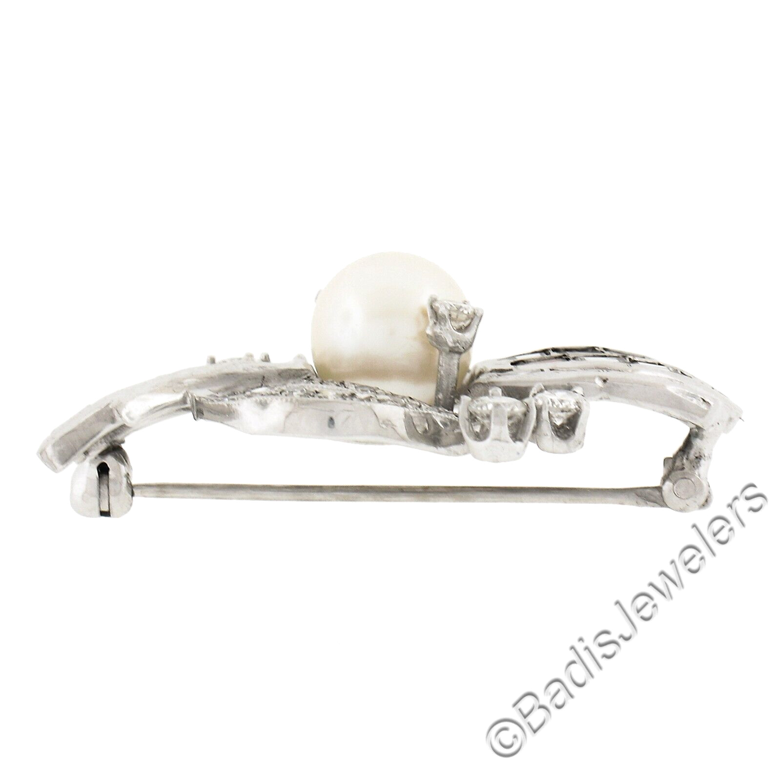 Vintage Mid Century 14K White Gold 1.2ct Diamond & FINE Pearl Cluster Pin Brooch