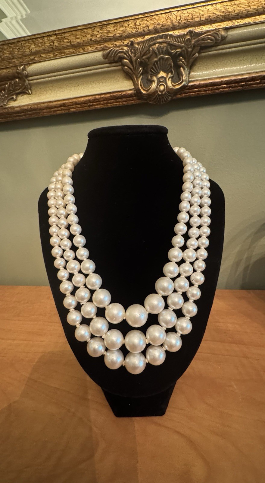 Antique Three Strand Hand Knotted Pearl Graduated Necklace Rhinestone Clasp