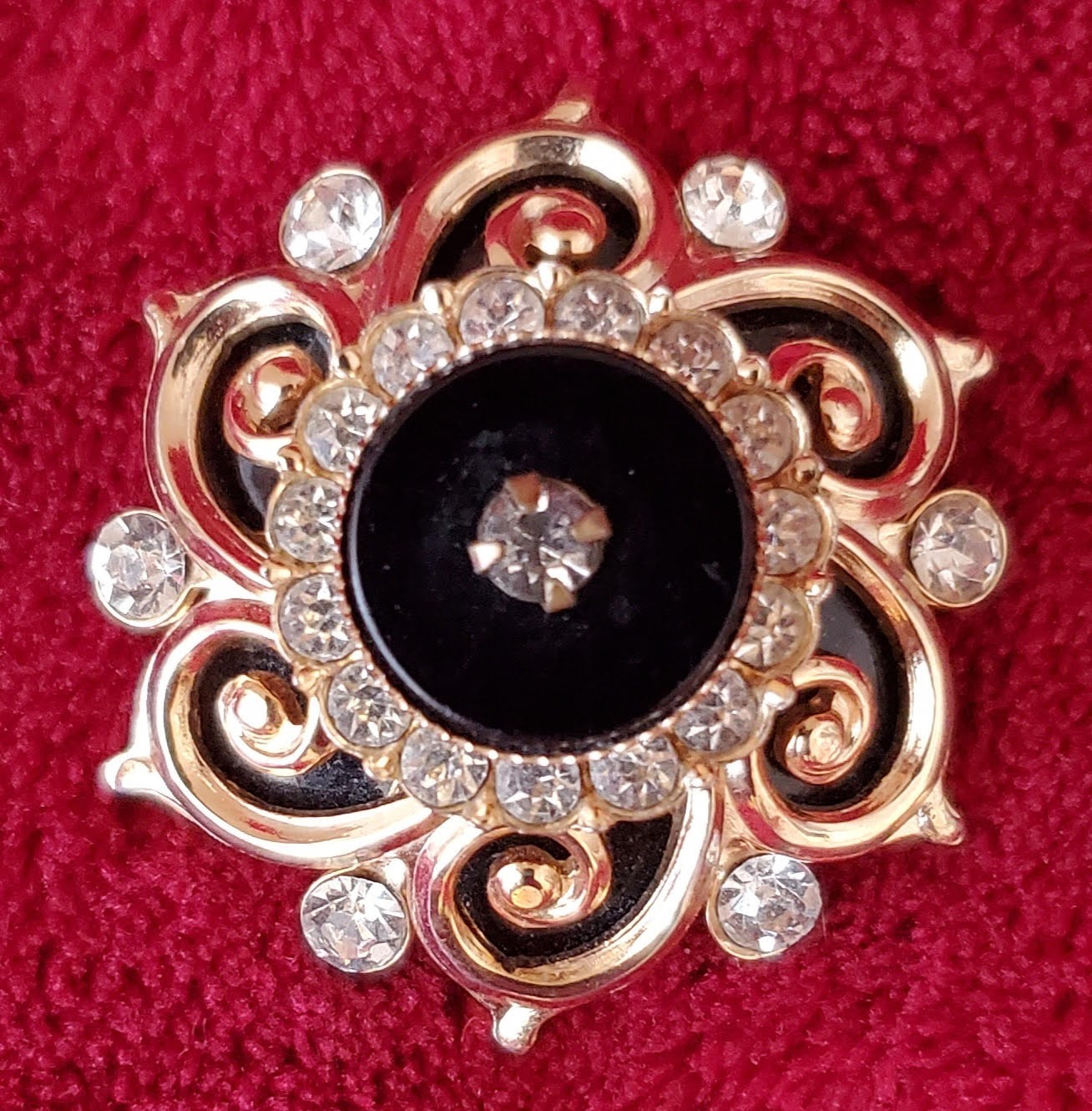 VINTAGE BLACK ONYX BROOCH WITH FAUX DIAMONDS-TIMELESS PIECE!!