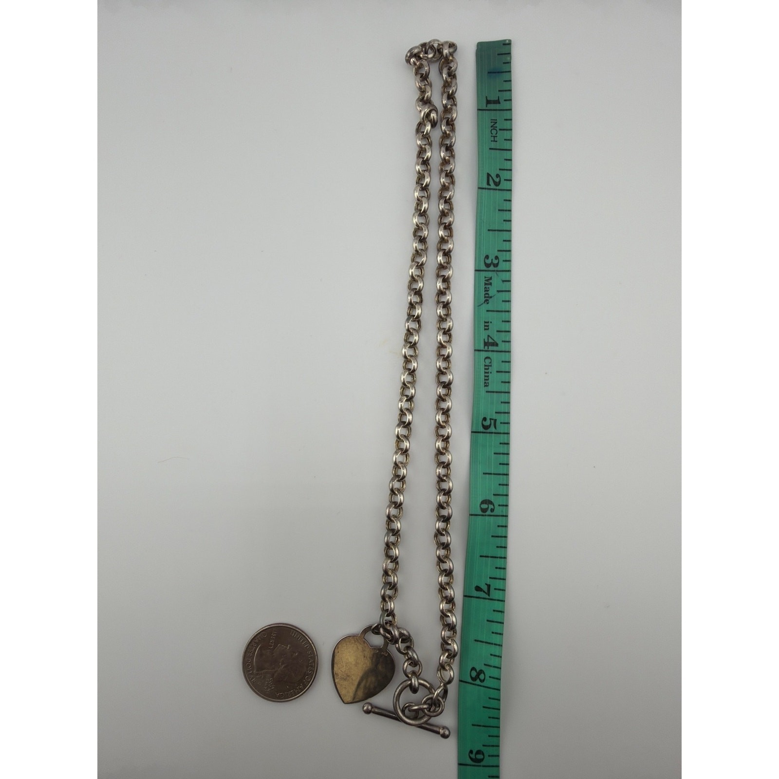 Vintage Round Sterling Silver Link Chain Necklace with Heart Tag Pendant