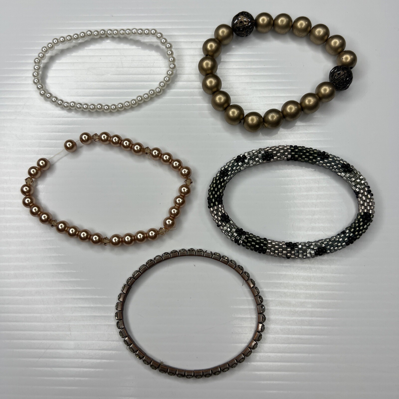 H6 Lot Champagne Pearls Strands Stretch Beaded Boho Hippie Retro Bracelets