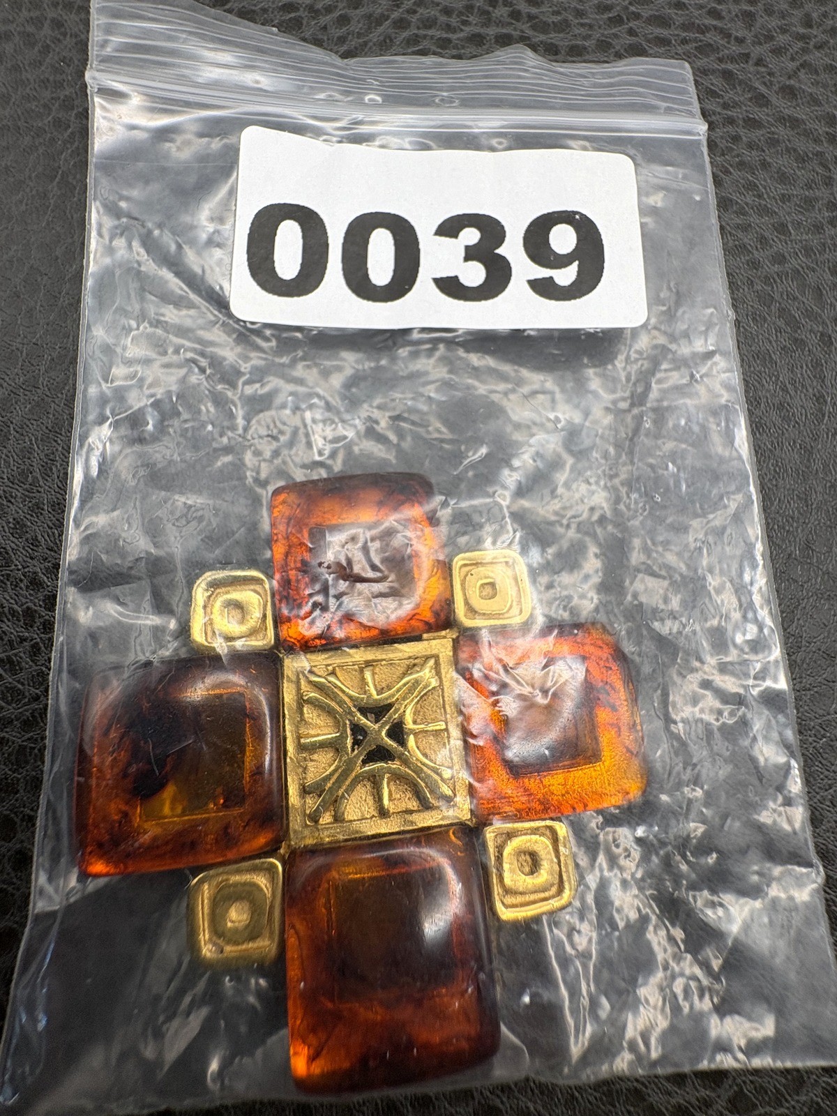 Vintage HUGE 80s Gold Tone Faux Amber Maltese Cross Brooch Pin Statement Piece