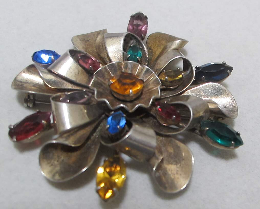 Vtg 2-3/8” Gold-Plated Sterling Layered Brooch Multi Color Rhinestones 30 Grams