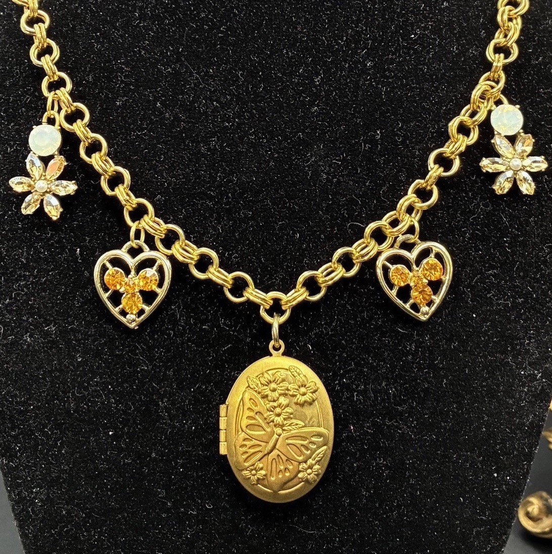 Charm Necklace OoaK, With Vintage Hearts, Flowers & Butterfly Locket, Adjustable