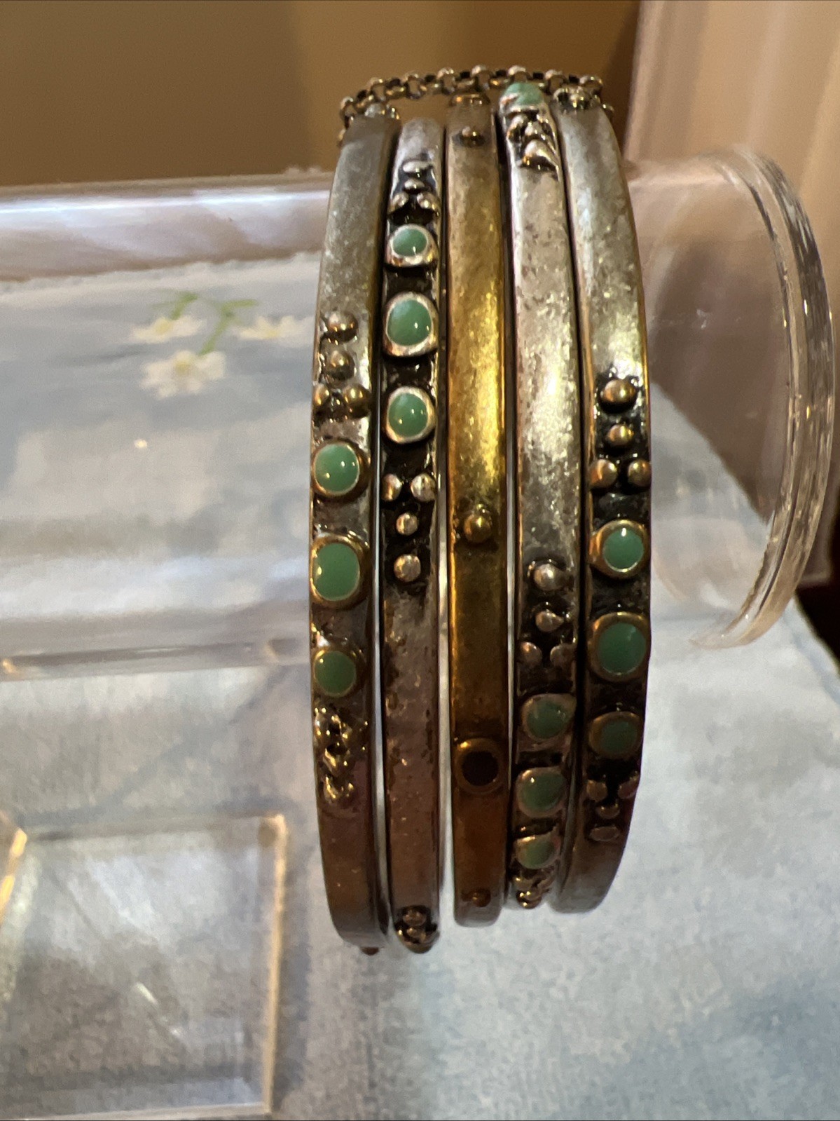 Vtg Brass Silver Tone 5 Stacking Southwest Turquoise Enamel Bangle Bracelet Lot
