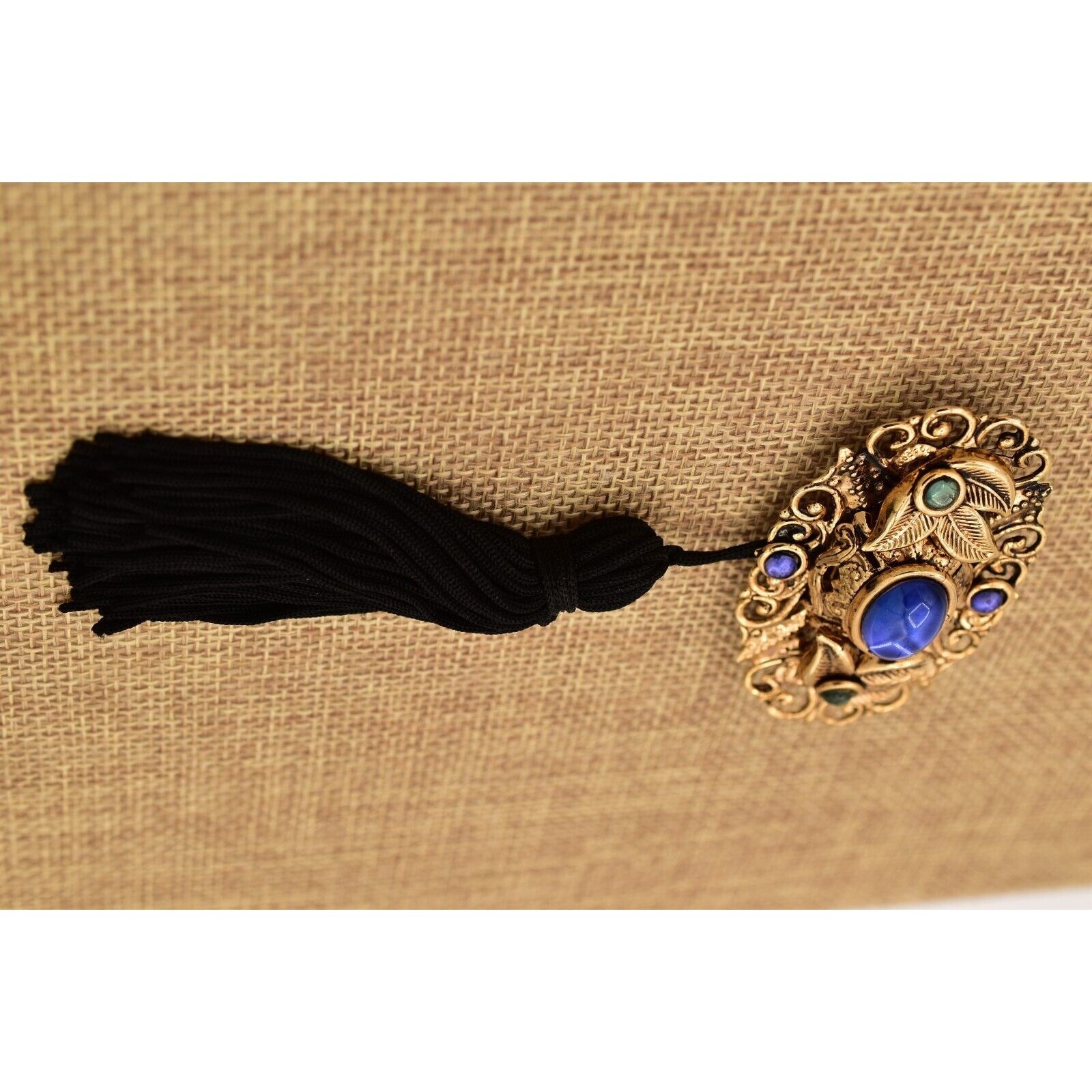 Vintage Cabochon Tassel Pin Brooch Lightweight Antiqued Gold Blue Black BinBG