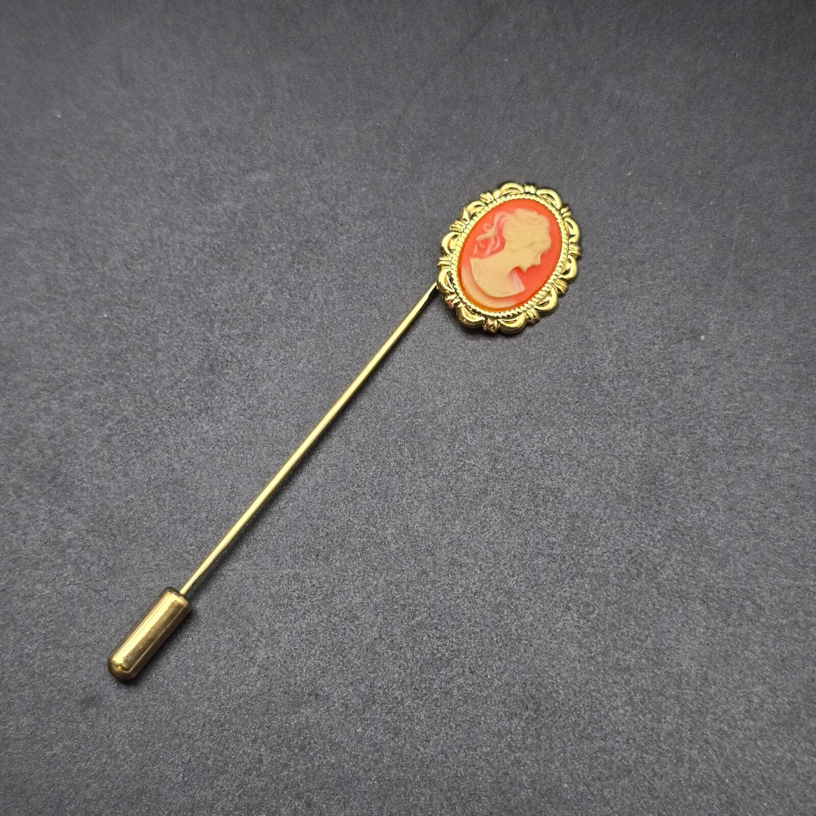 Vintage Cameo Stick Pin Gold Tone Orange Cream Lady Face