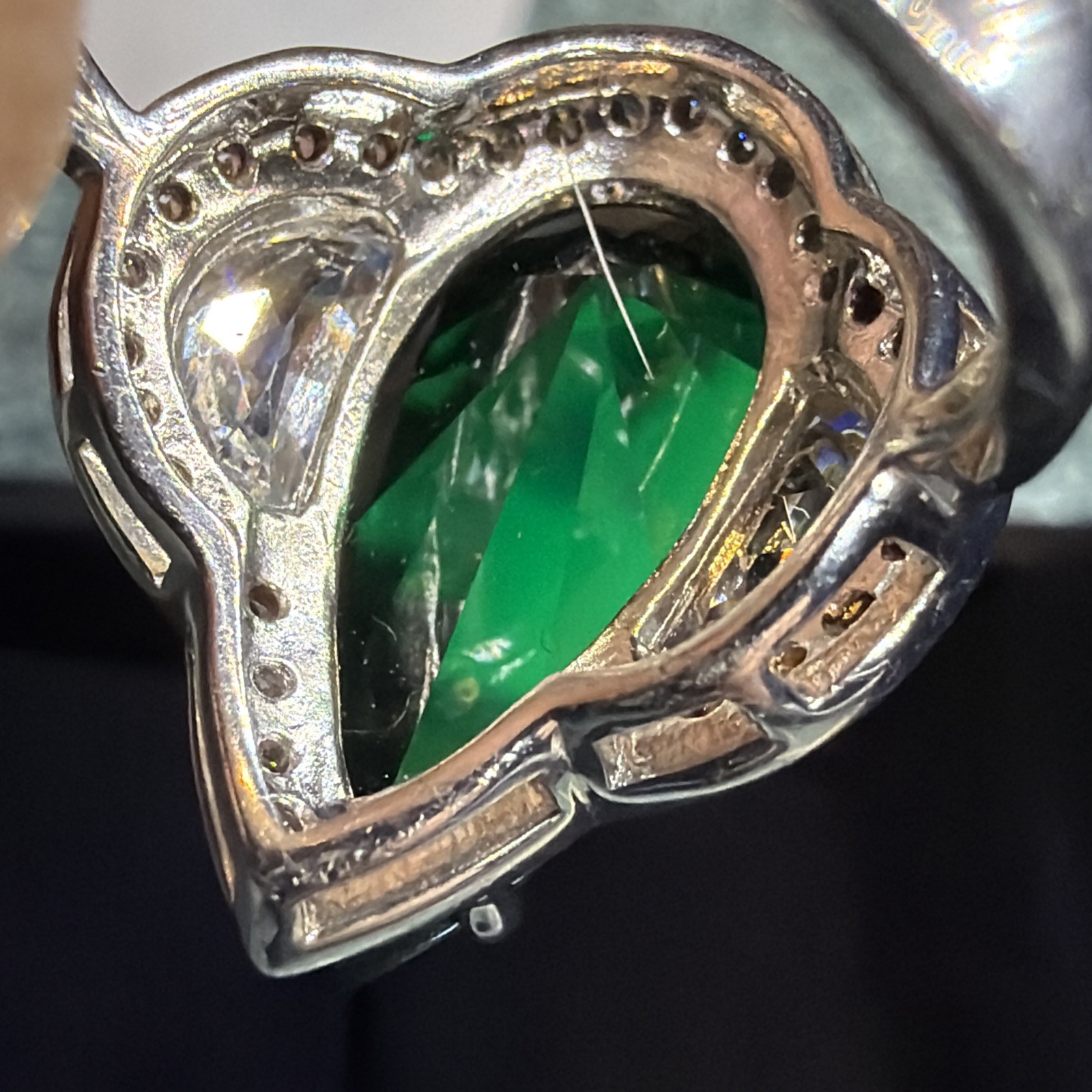 Daniel K Designer Sterling Silver 925 Pear-Cut Green Stone & Half-Moon Ring