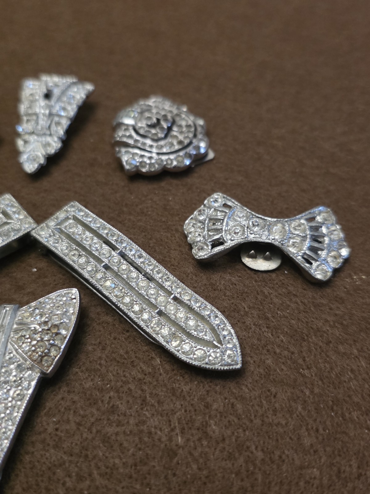 Vintage Art Deco Dress Clip Set (9) Rhinestone 30s Geometric Silver Tone