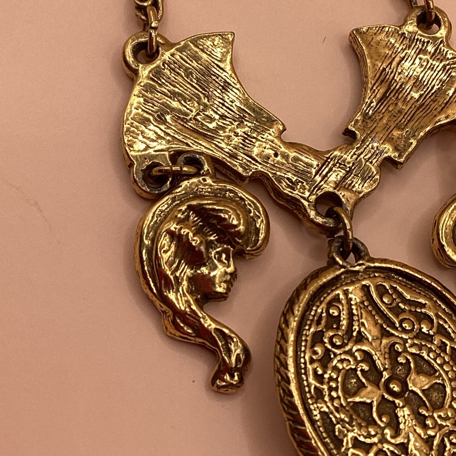 Victorian Revival Gold Tone Pendant Necklace W/ Black Oval Cameo Hand Painted